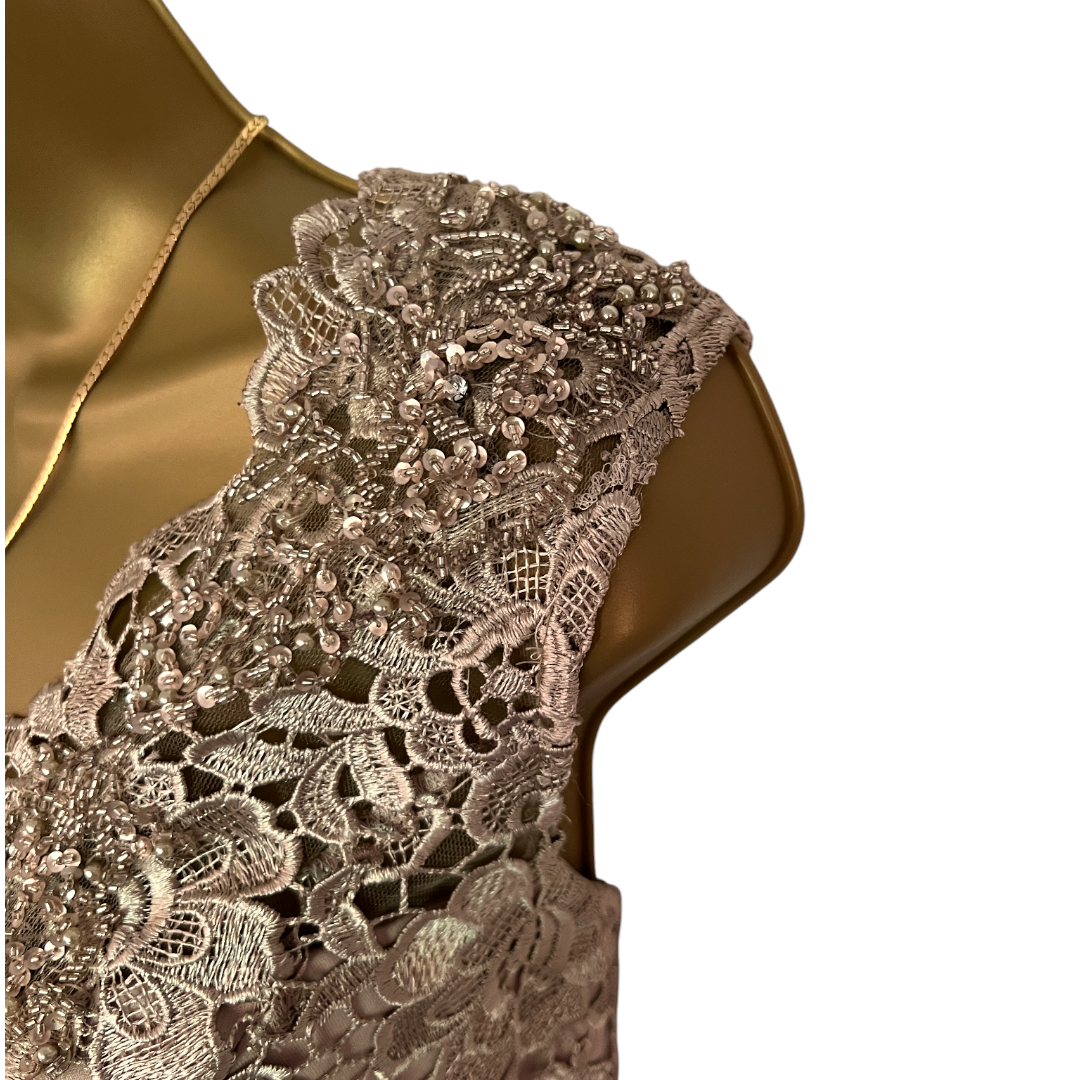 Gina Bacconi Gold Embroidered Beaded Lace Dress UK 16