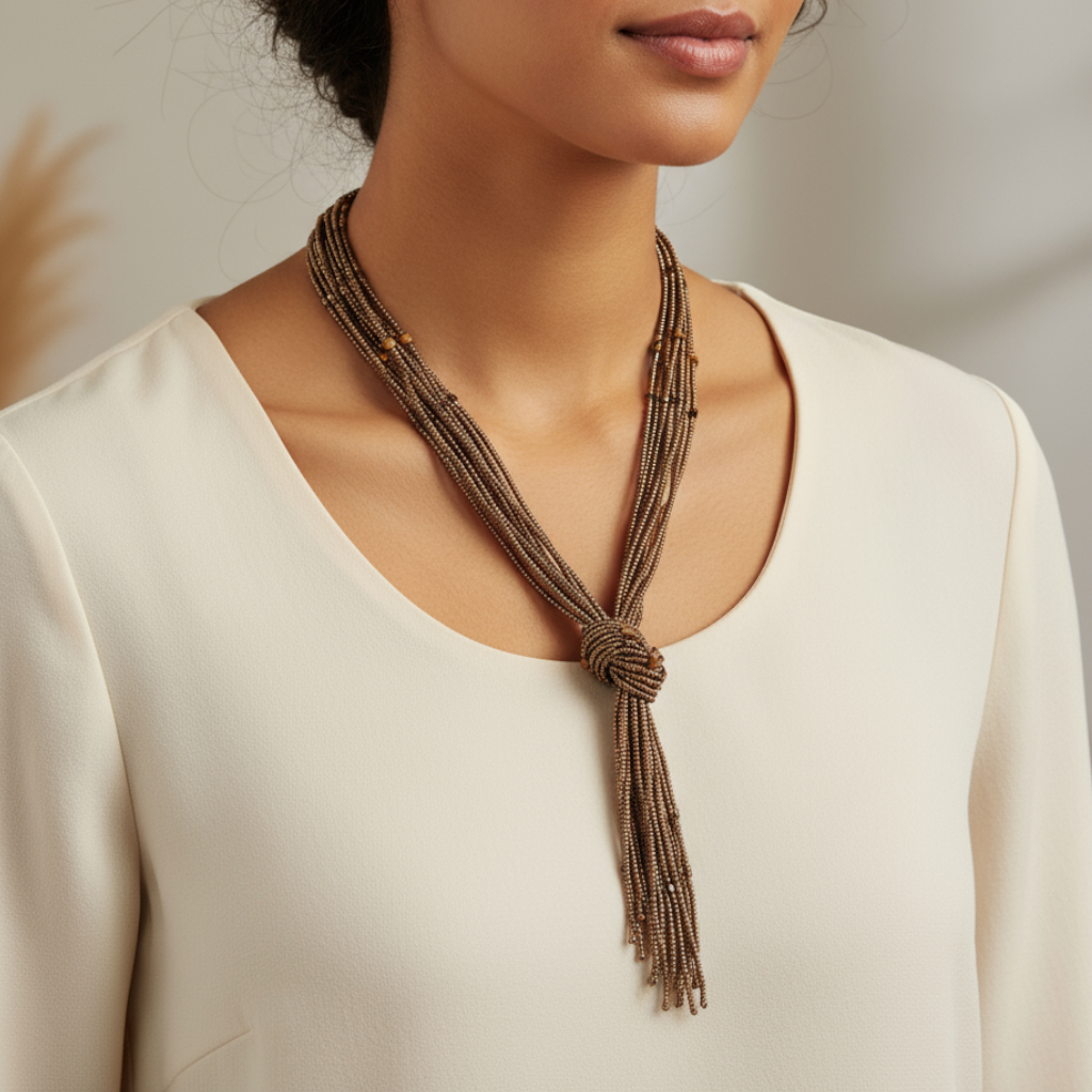 Vintage EL Erica Lyons Copper Seed Bead Knotted Tassel Necklace
