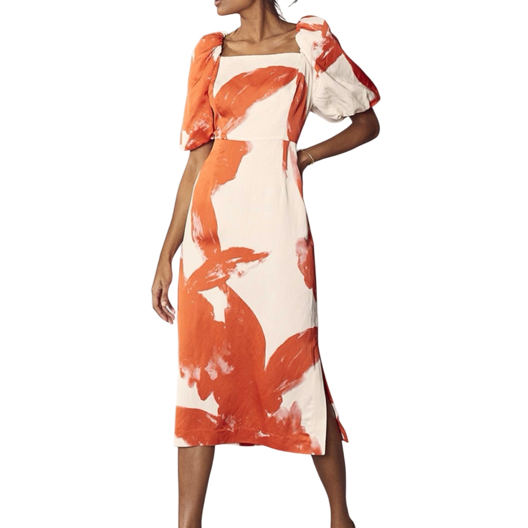 Mint Velvet Orange Cream Satin Puff Sleeve Dress UK 12
