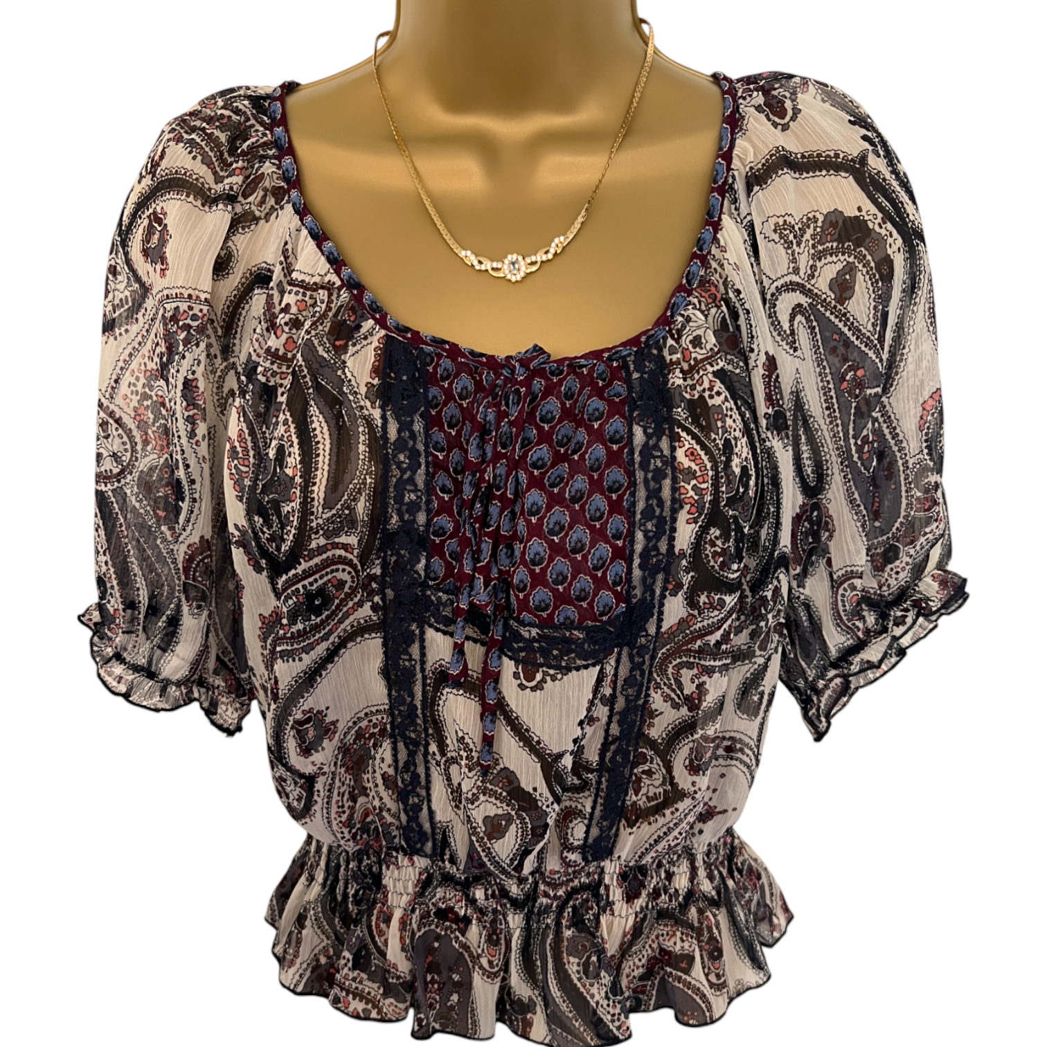Band Of Gypsies Ivory & Navy Paisley Chiffon Top UK 8/10