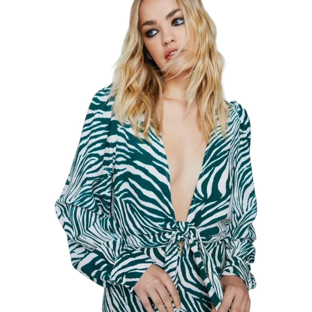 Nasty Gal Green Cream Zebra Front Split Dress UK 6