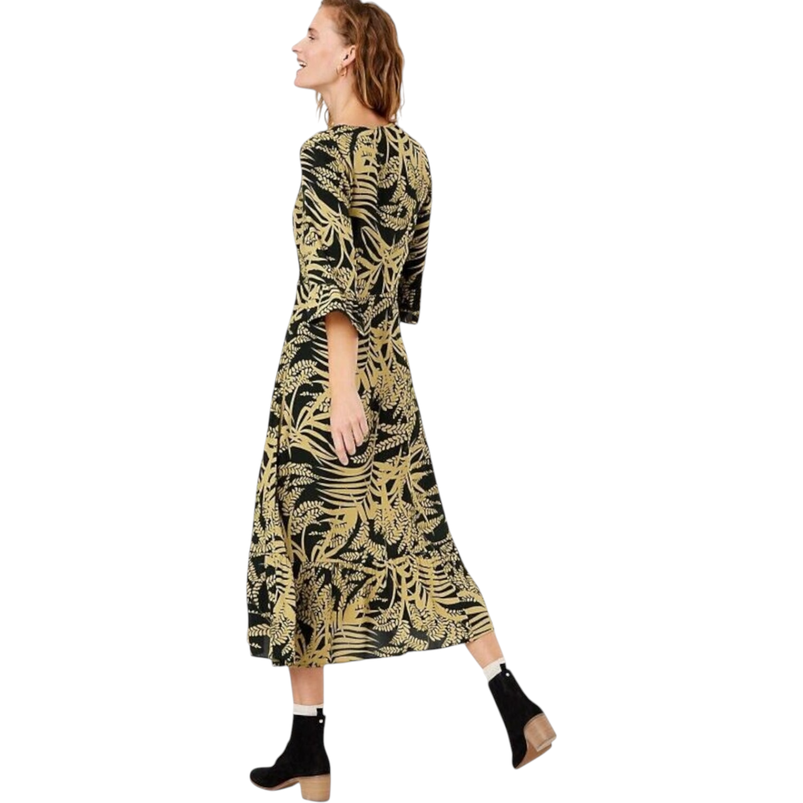 Per Una Black Mustard Leaf Frill Dress UK 6