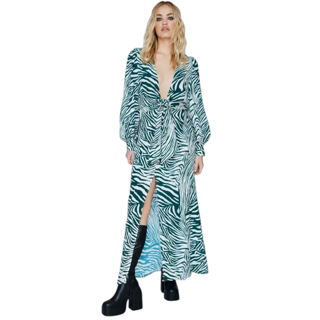 Nasty Gal Green Cream Zebra Front Split Dress UK 6