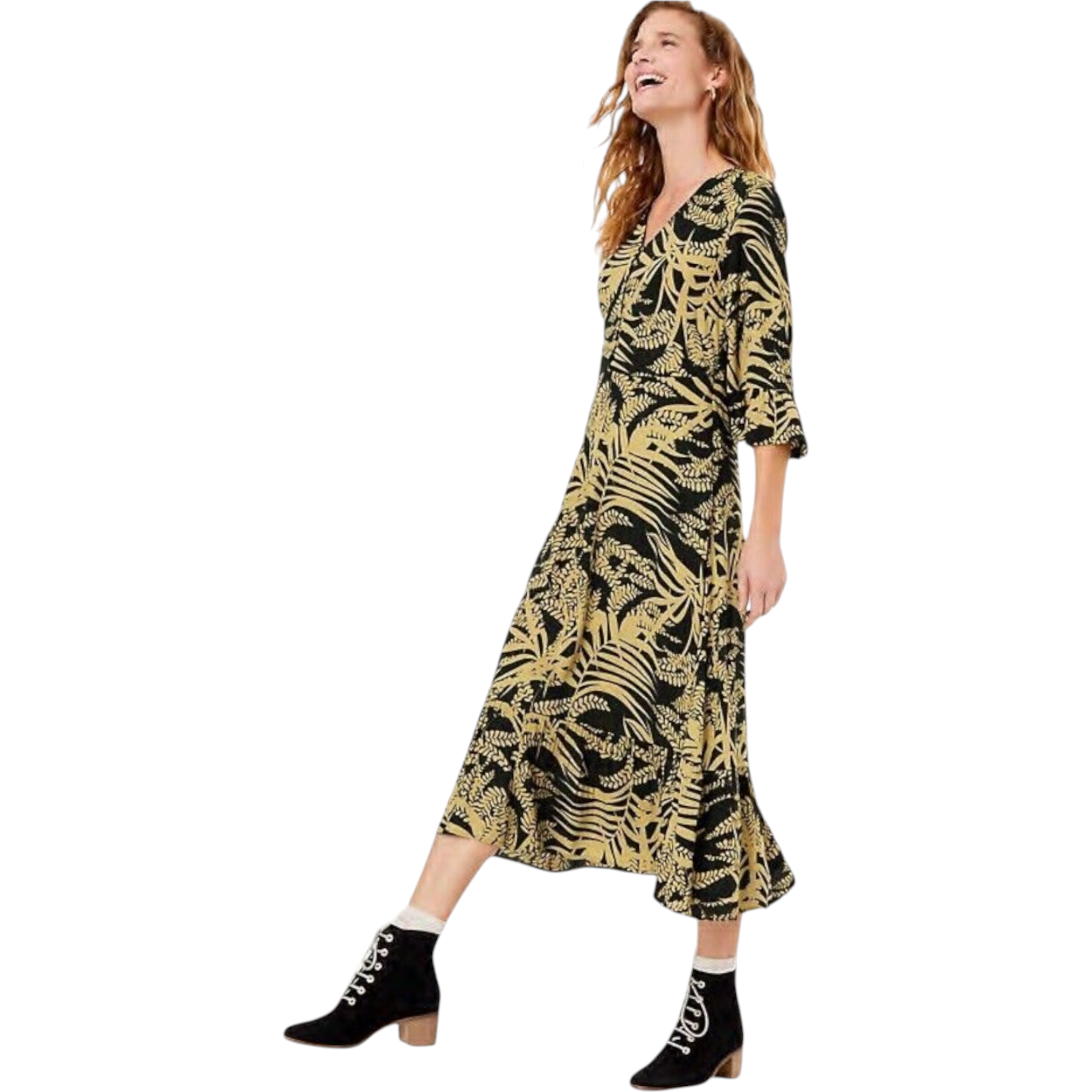 Per Una Black Mustard Leaf Frill Dress UK 6