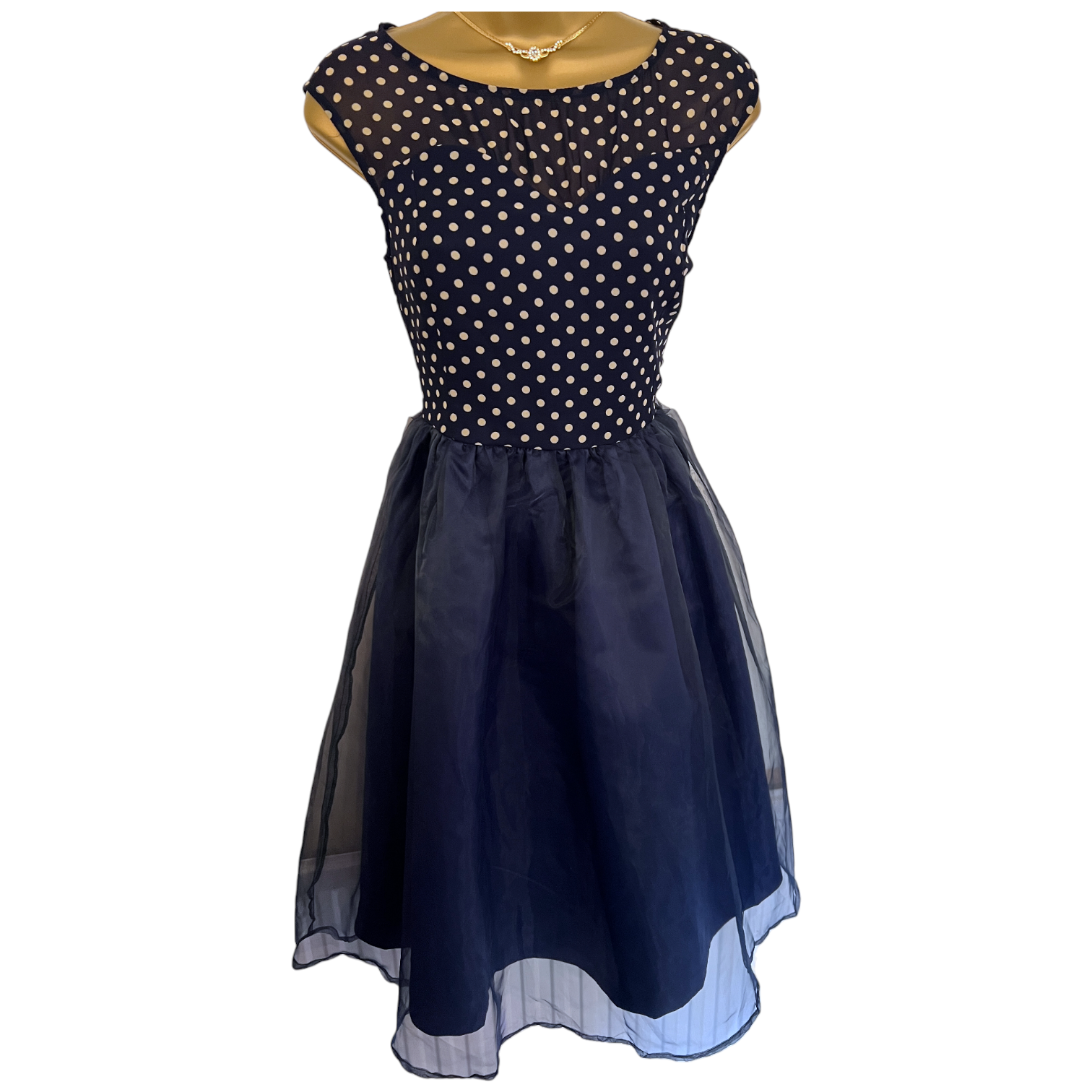 Lindy Bop Navy Polka Dot Organza Fit Flare 1950's Dress UK 12