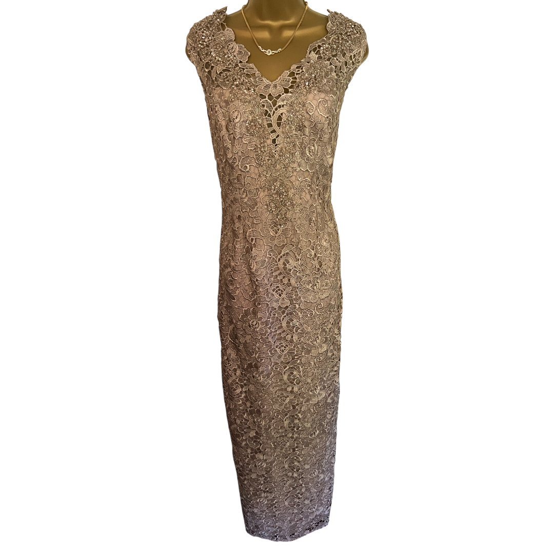 Gina Bacconi Gold Embroidered Beaded Lace Dress UK 16