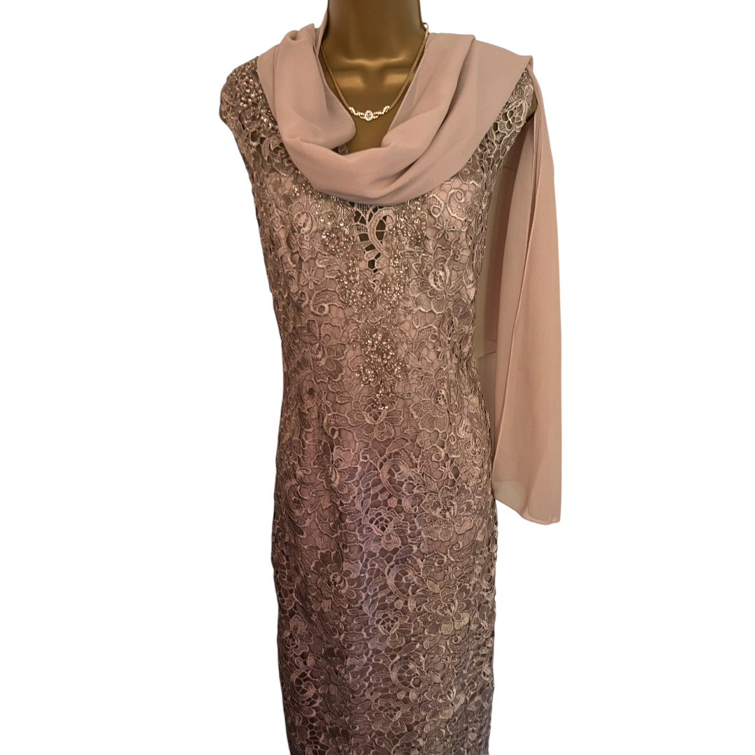Gina Bacconi Gold Embroidered Beaded Lace Dress UK 16