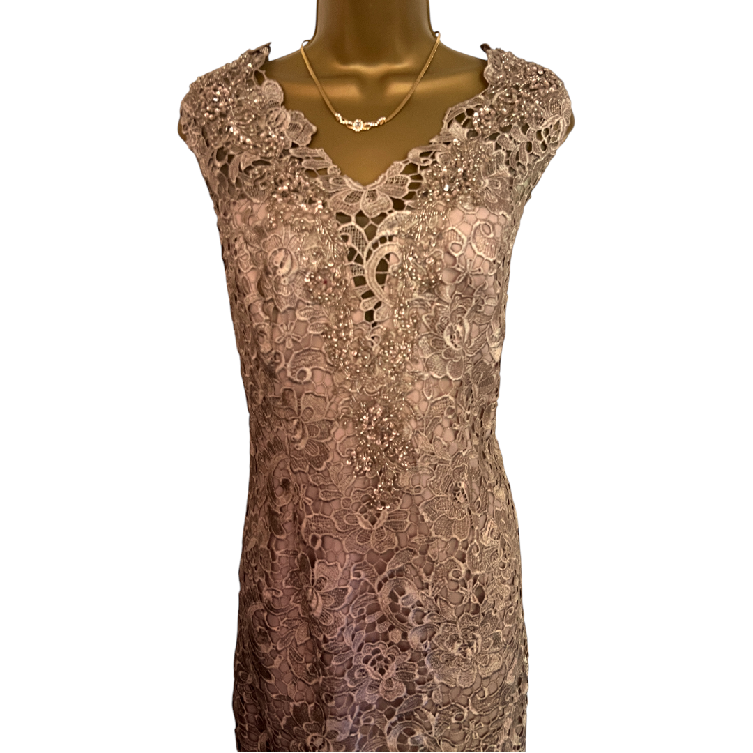 Gina Bacconi Gold Embroidered Beaded Lace Dress UK 16