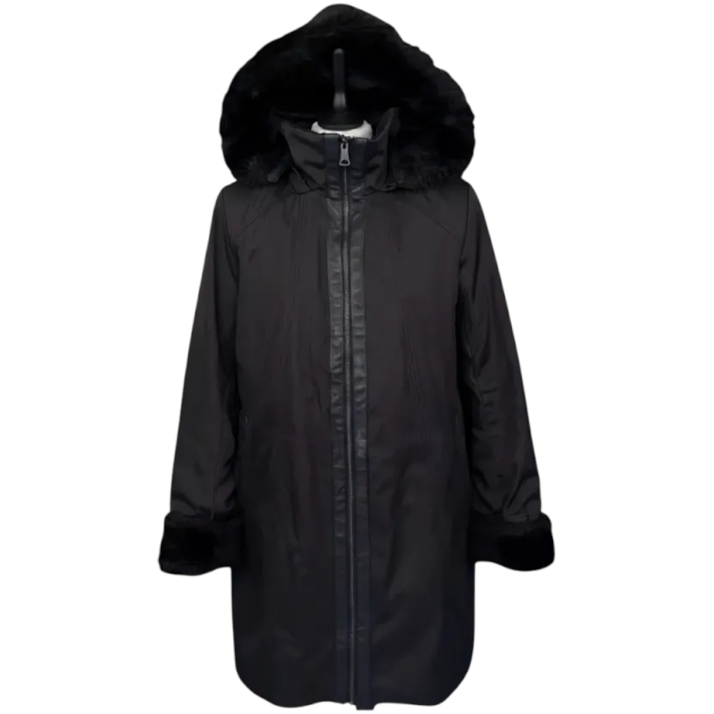 Andrew Marc New York Black Faux Fur Lined Hooded Coat UK 10