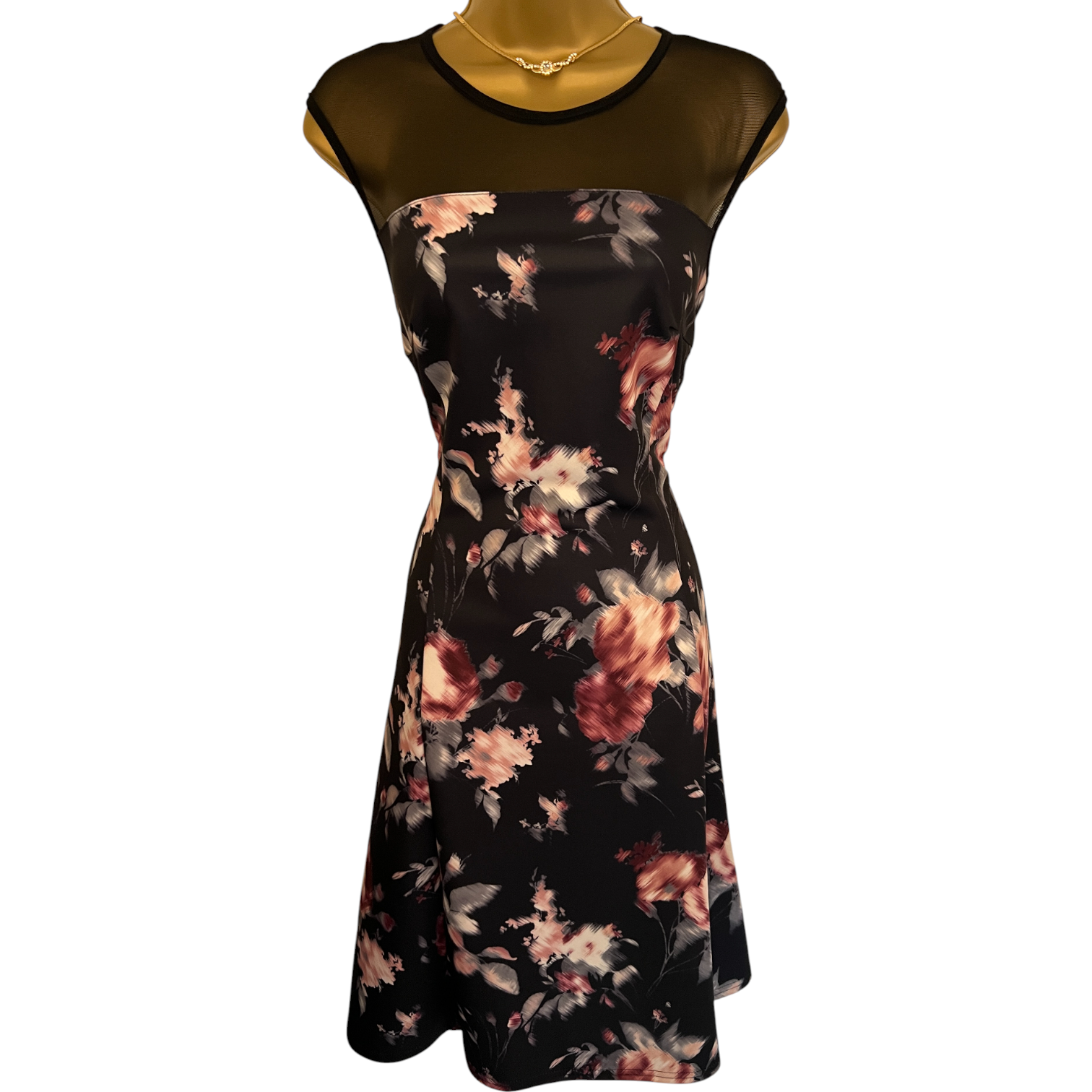 Roman Black Floral Sheer Yoke Dress UK 10
