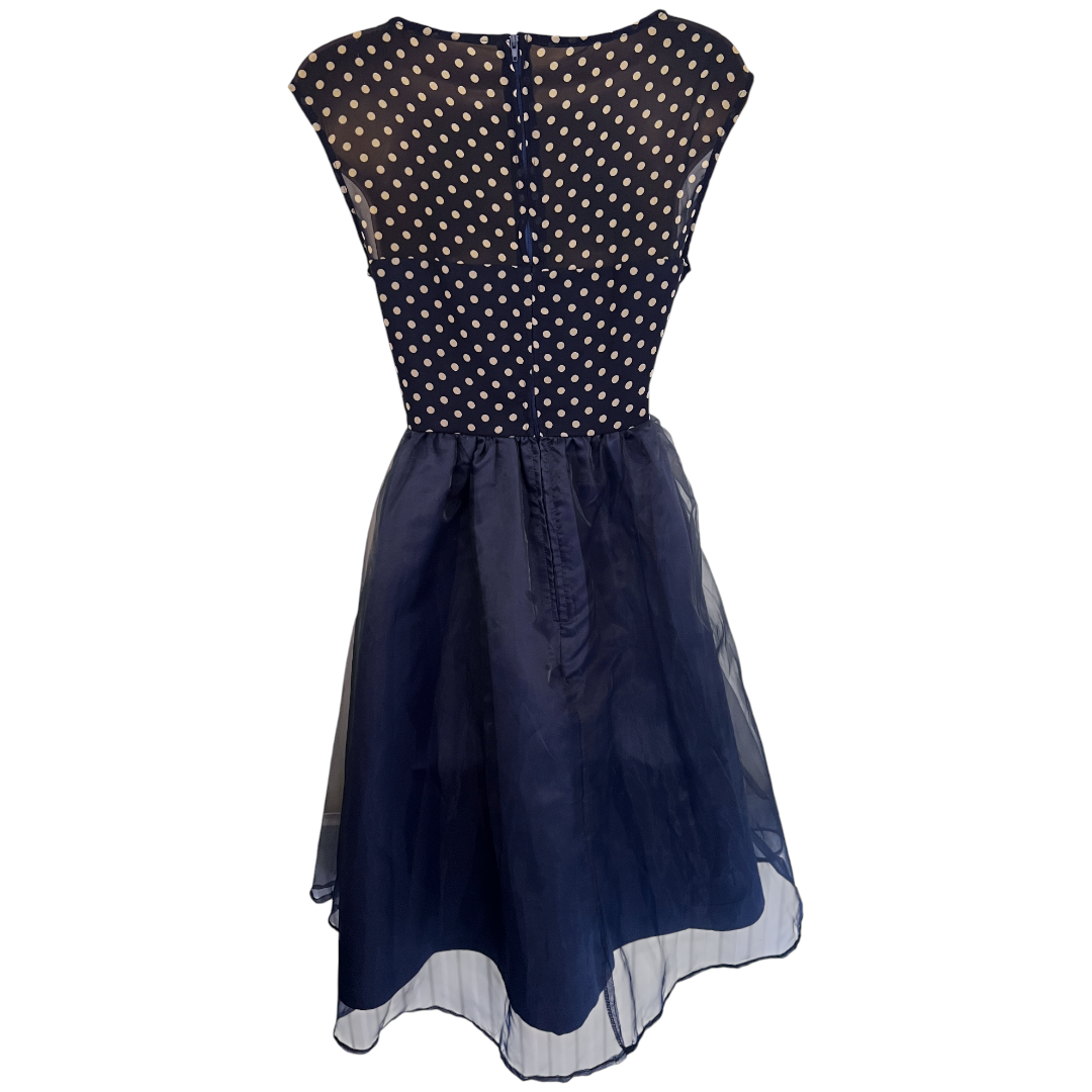 Lindy Bop Navy Polka Dot Organza Fit Flare 1950's Dress UK 12