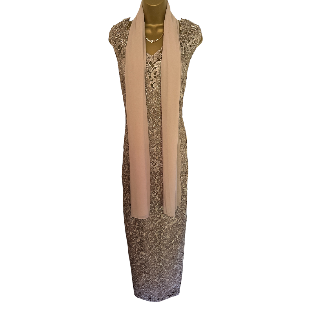 Gina Bacconi Gold Embroidered Beaded Lace Dress UK 16