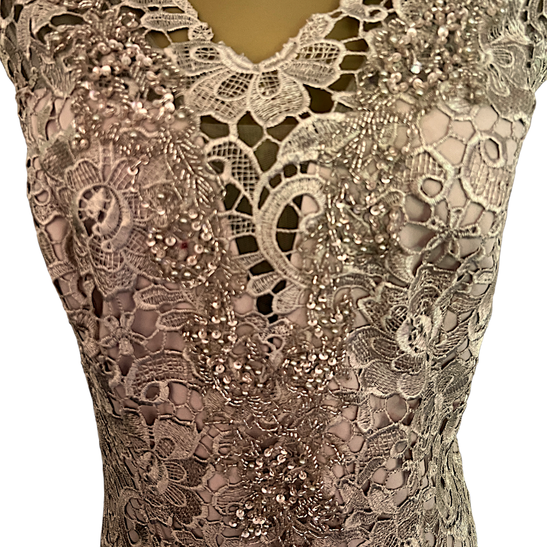 Gina Bacconi Gold Embroidered Beaded Lace Dress UK 16