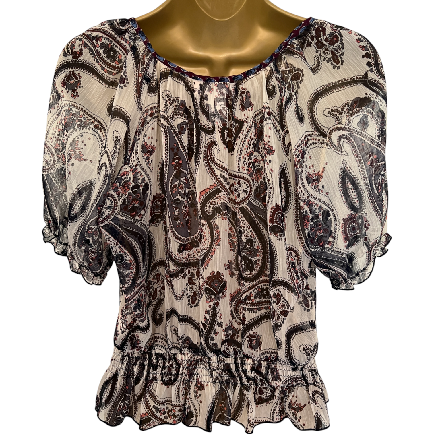 Band Of Gypsies Ivory & Navy Paisley Chiffon Top UK 8/10