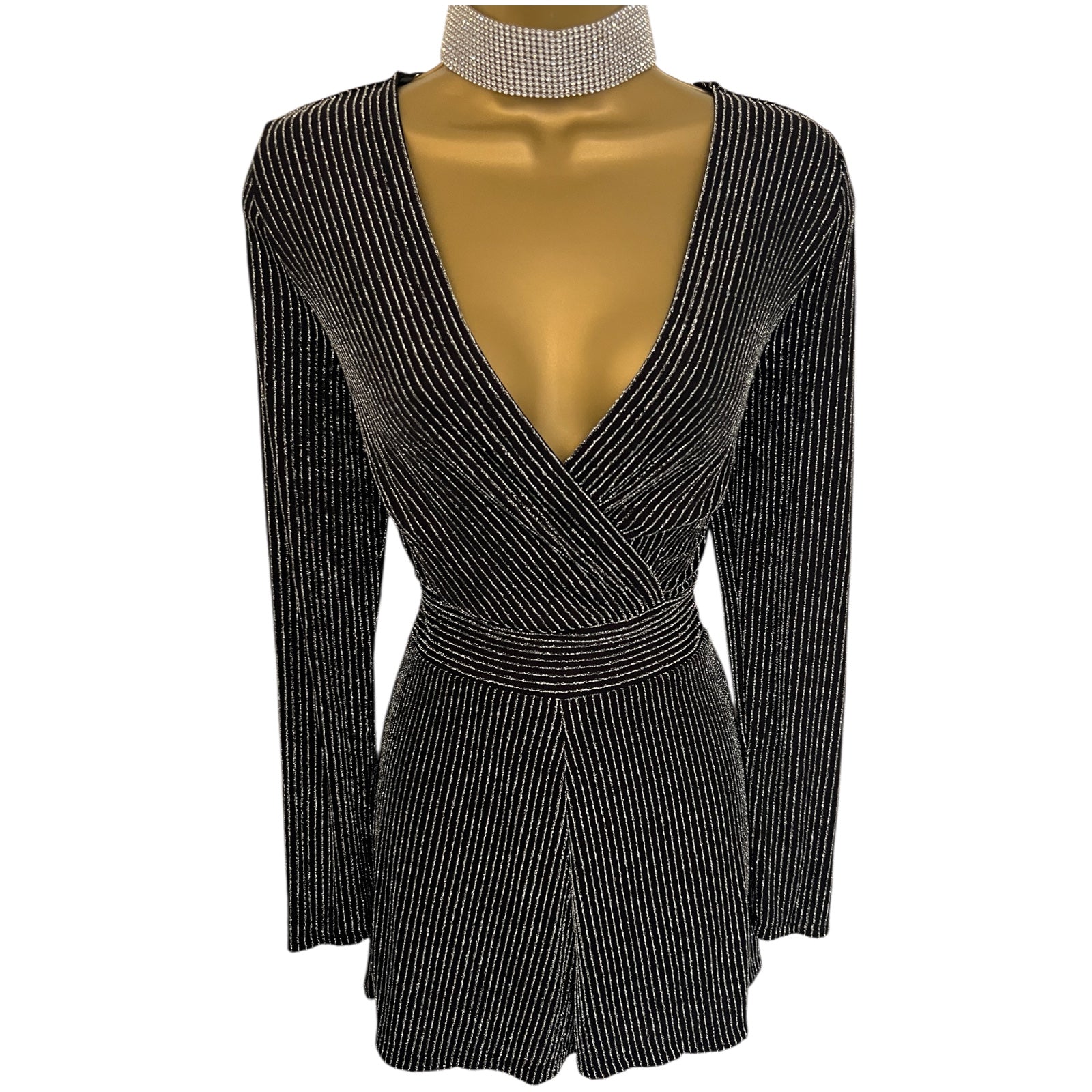 Miss Selfridge Black Silver Glitter Stripe Playsuit UK 8