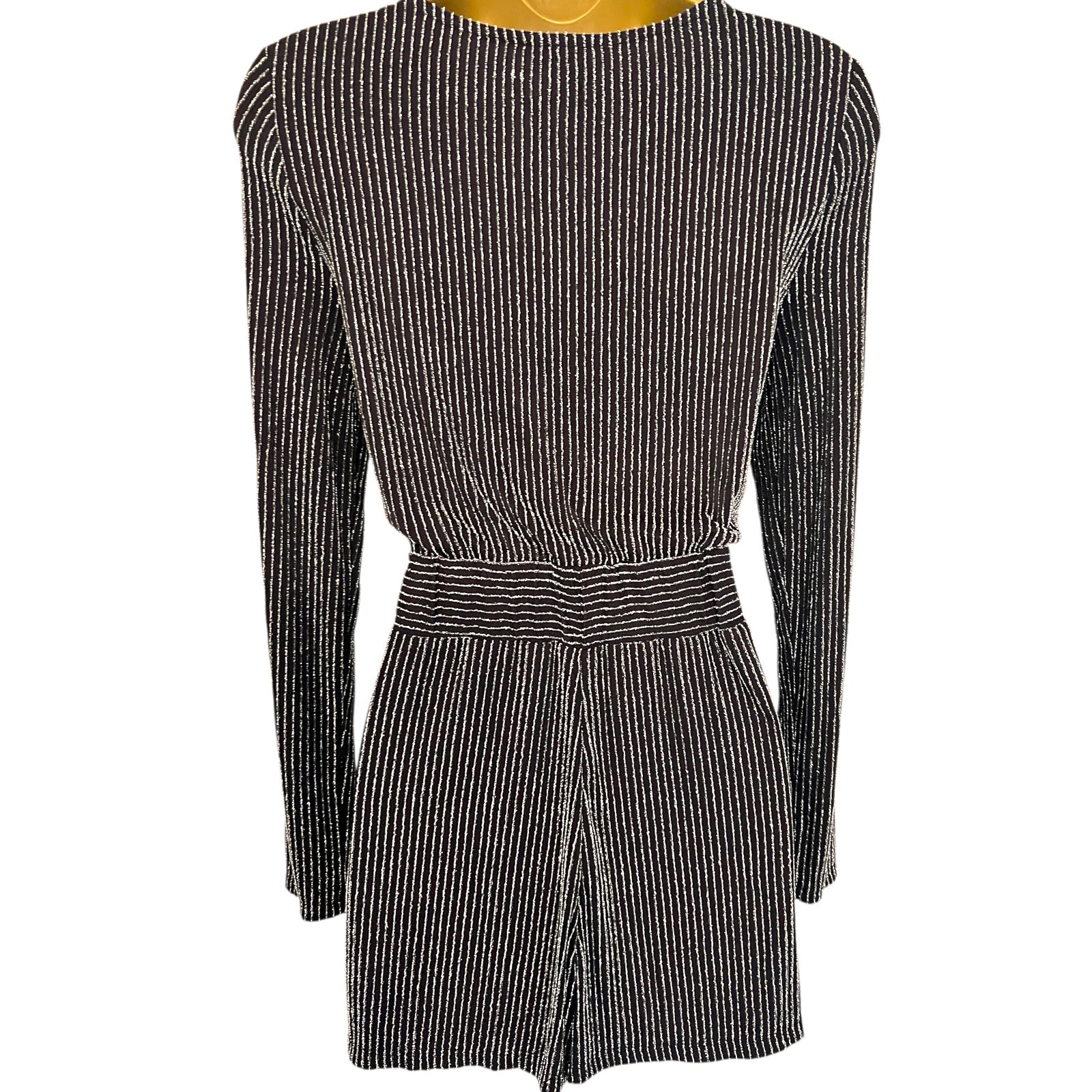 Miss Selfridge Black Silver Glitter Stripe Playsuit UK 8
