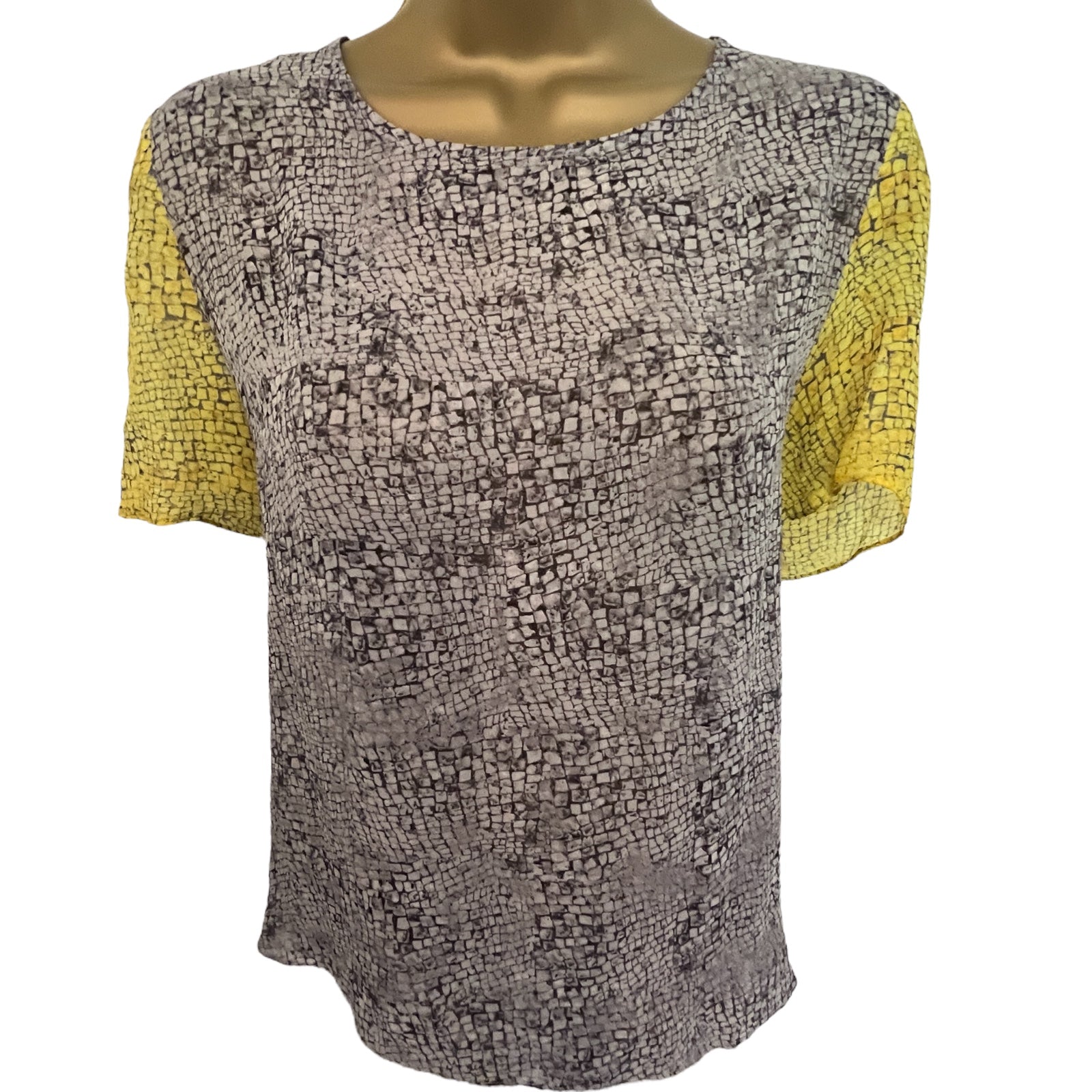 Reiss Jinny Grey & Yellow Reptile Print Silk Top UK 8