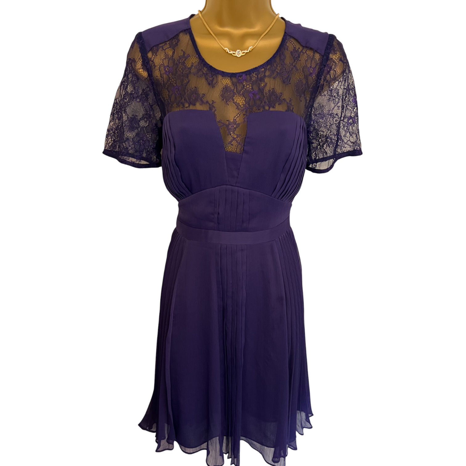 Whistles Purple Pleat Chiffon Lace Dress UK 8
