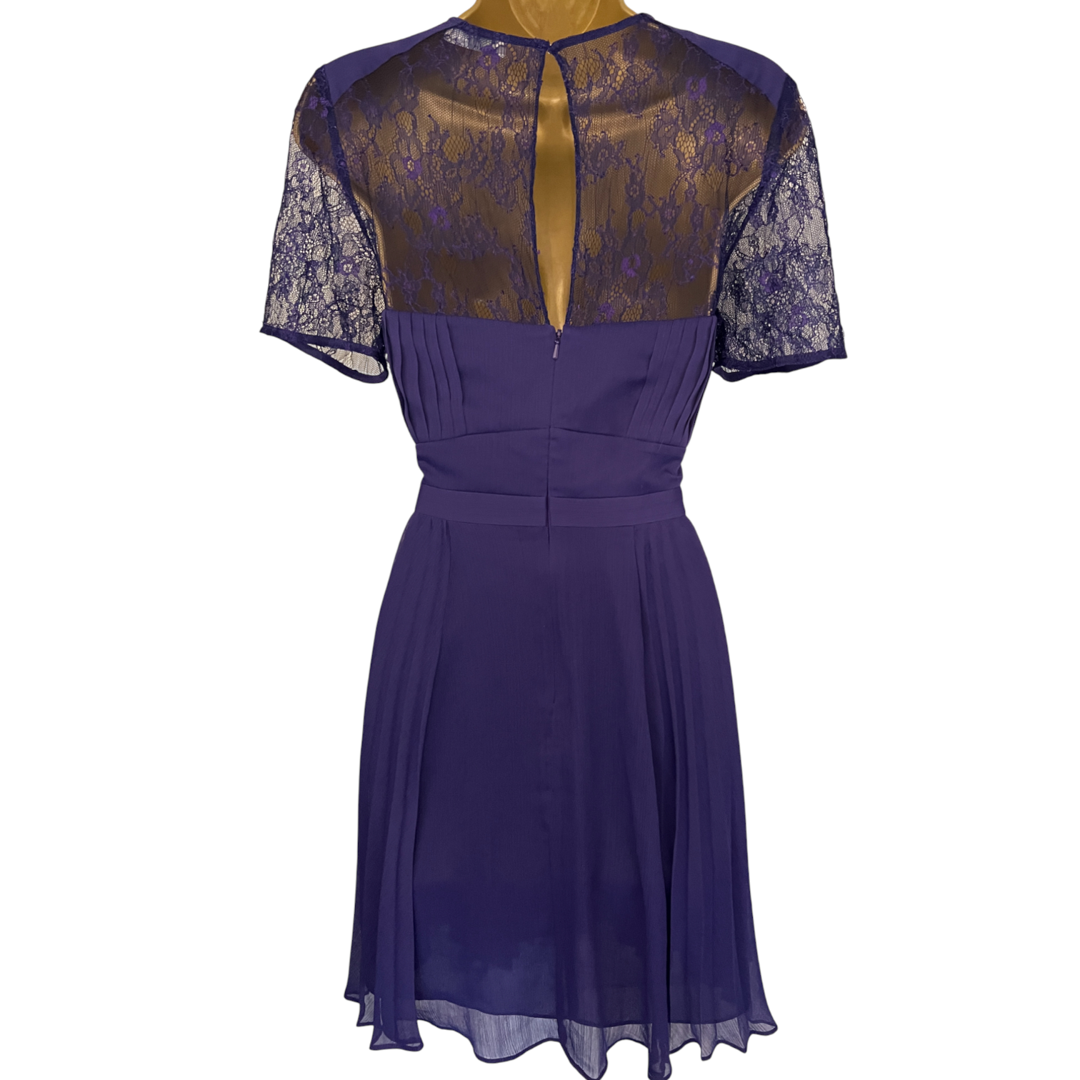 Whistles Purple Pleat Chiffon Lace Dress UK 8