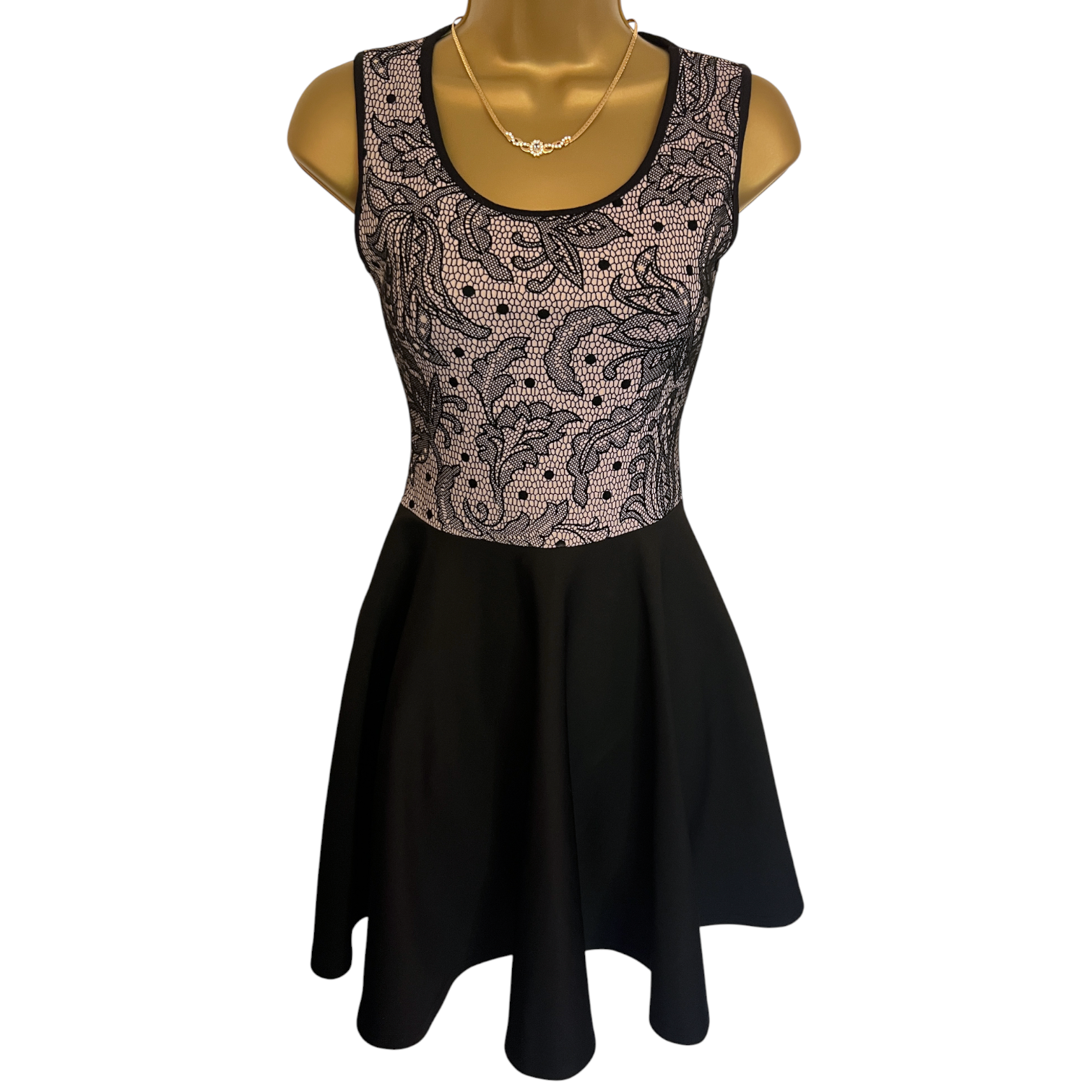 Evita Black Lace Print Back Heart Cut Out Skater Dress UK 8