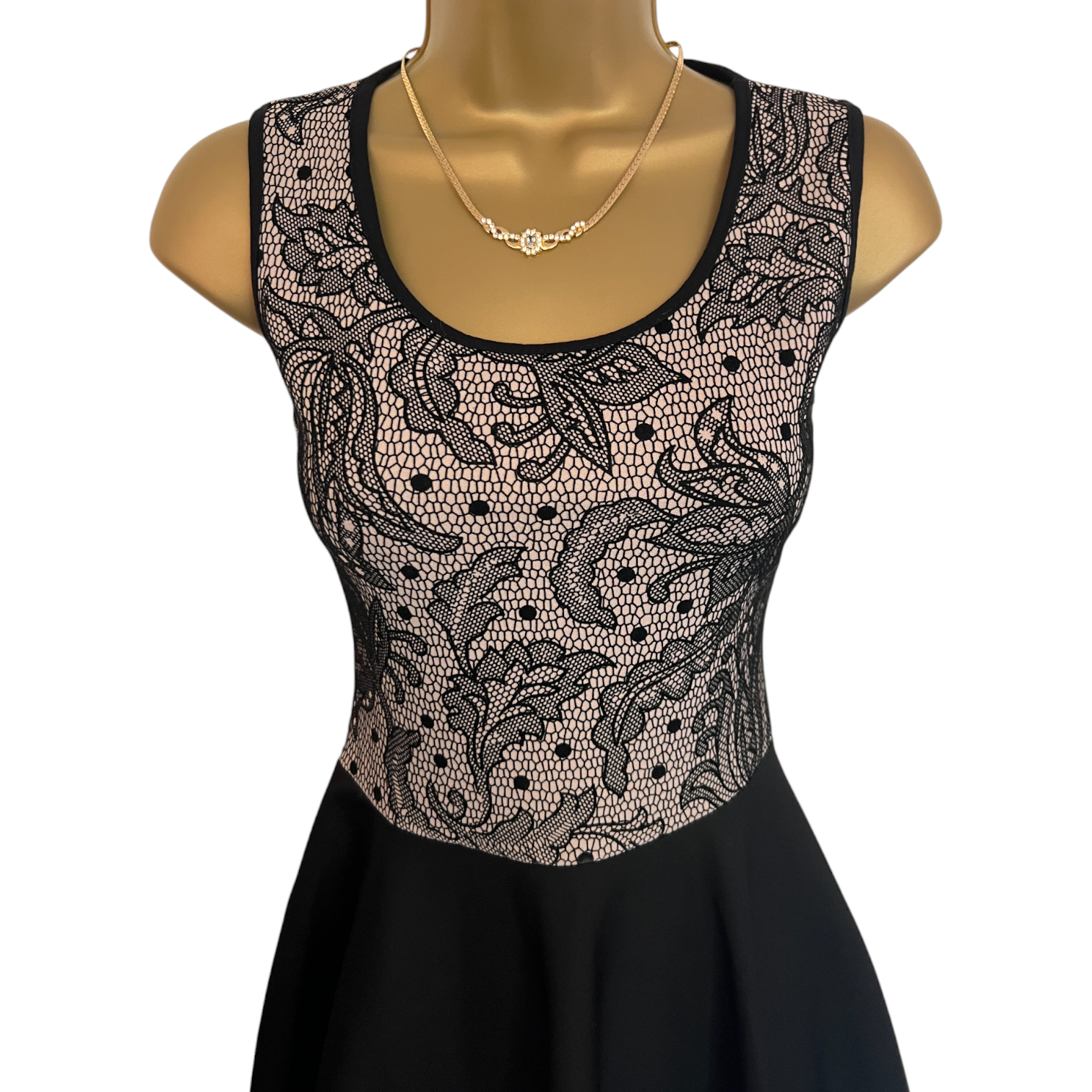 Evita Black Lace Print Back Heart Cut Out Skater Dress UK 8