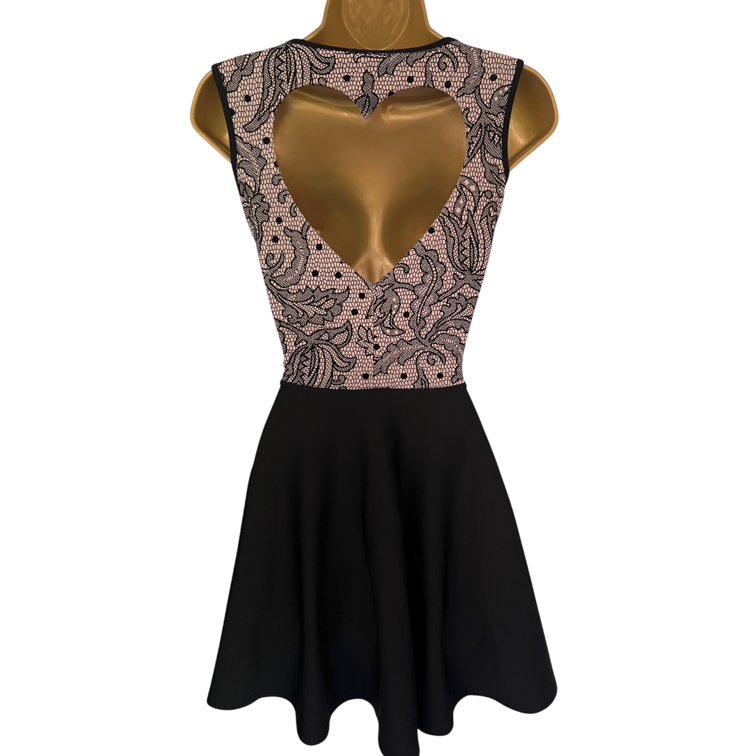 Evita Black Lace Print Back Heart Cut Out Skater Dress UK 8