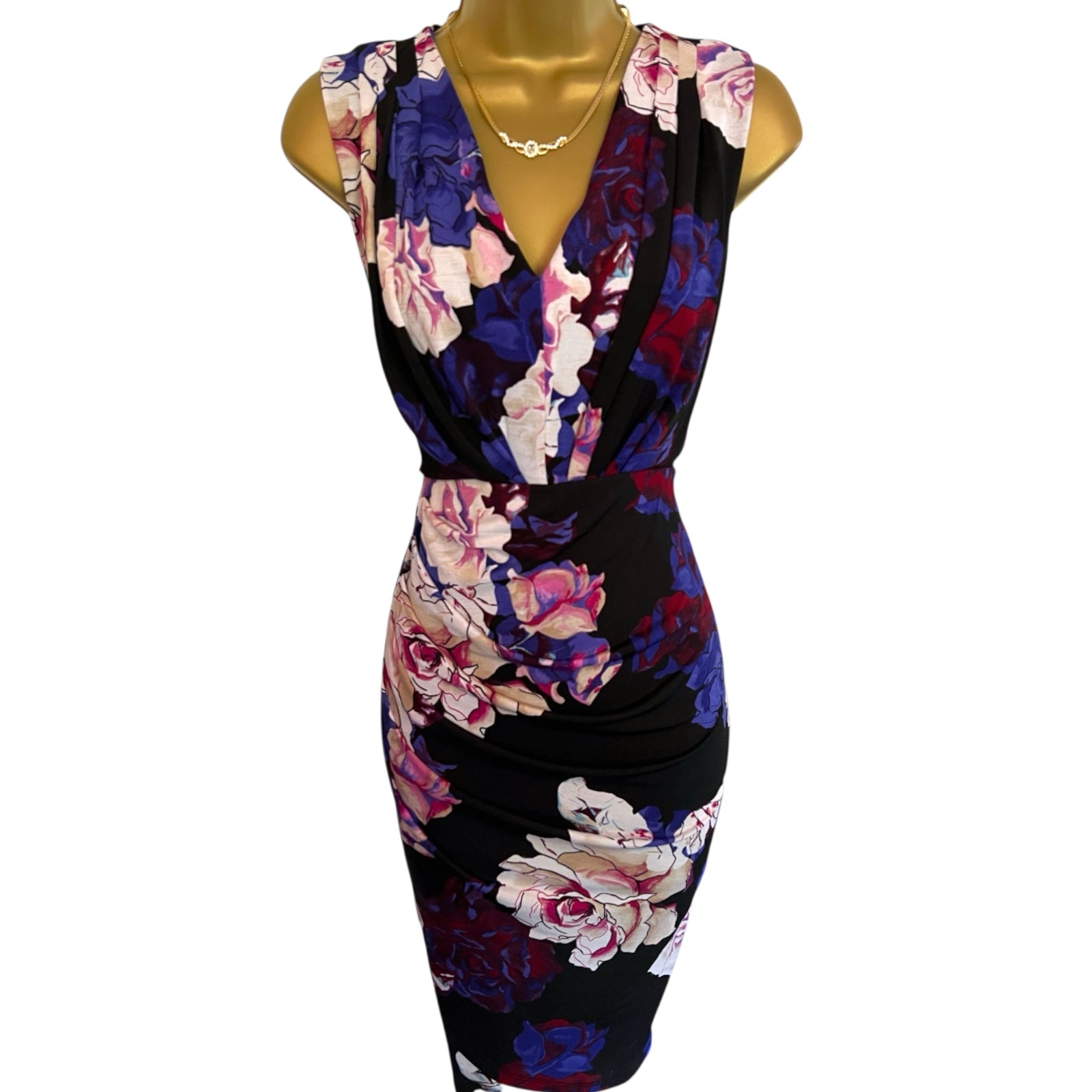 Adrianna Papell Black Purple Floral Bodycon Dress UK 8