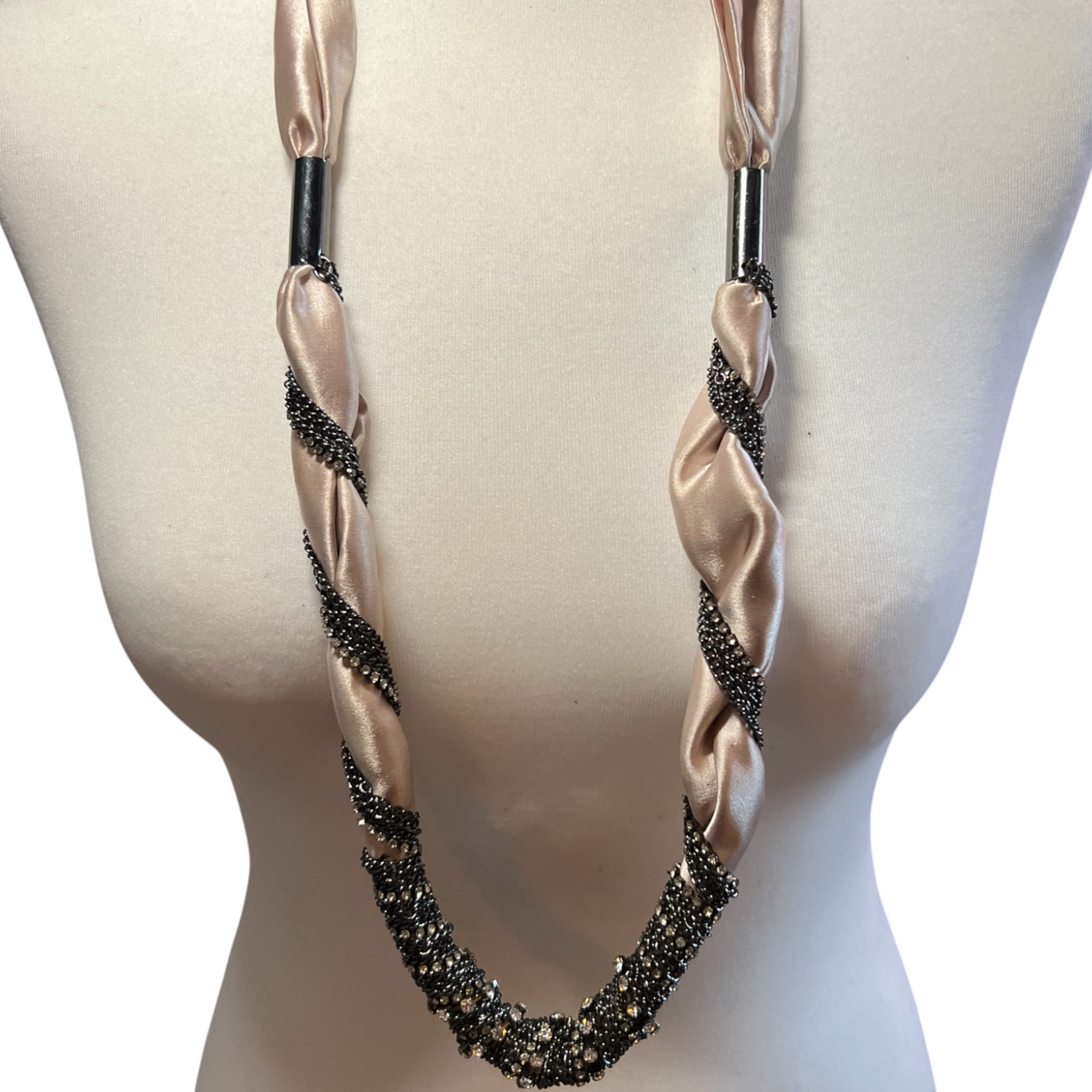 Peach Satin Chain & Diamante Tie Necklace