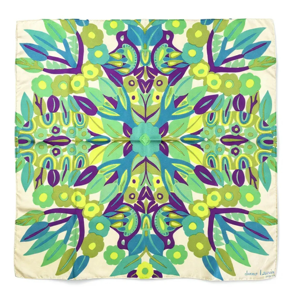 Jeanne Lanvin Rare Vintage Greens & Cream Silk Floral Scarf
