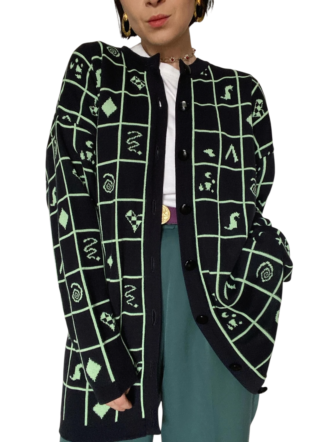 Basler Vintage 90's Long Black & Lime Green Cotton Cardigan UK 10