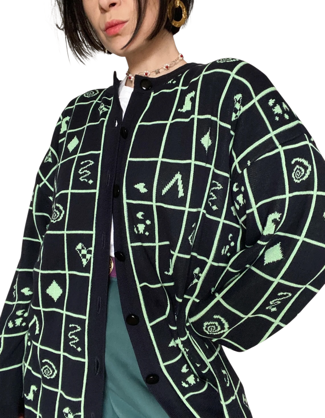 Basler Vintage 90's Long Black & Lime Green Cotton Cardigan UK 10