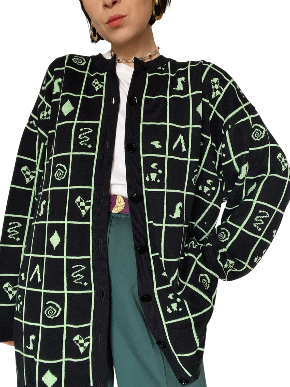 Basler Vintage 90's Long Black & Lime Green Cotton Cardigan UK 10