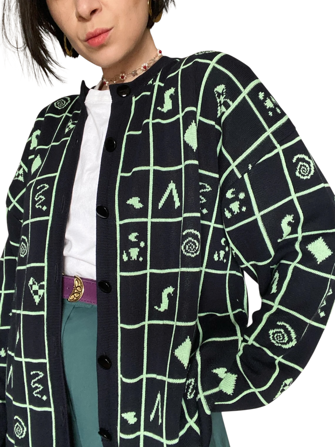 Basler Vintage 90's Long Black & Lime Green Cotton Cardigan UK 10