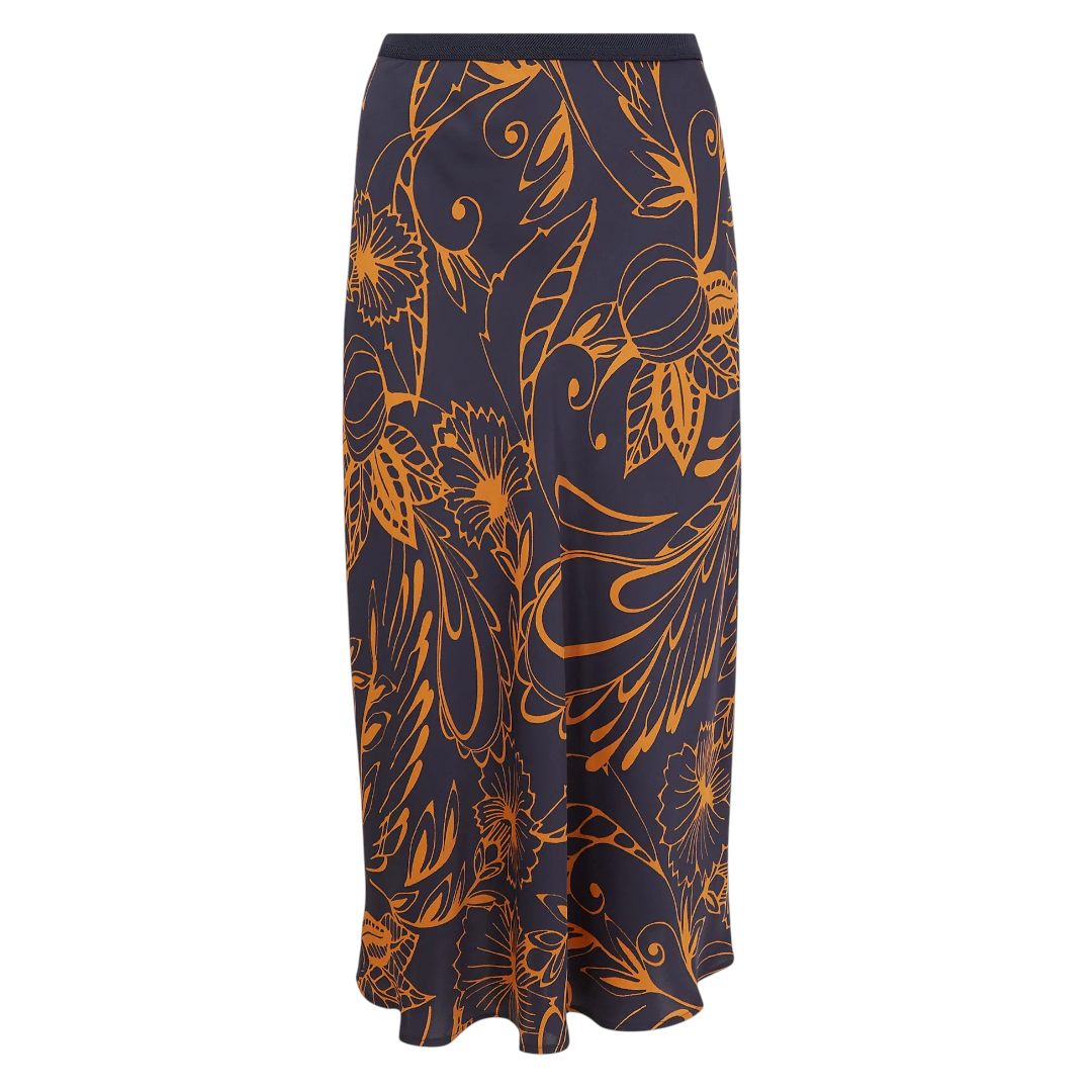 M&S Navy & Burnt Orange Silky Floral Midi Skirt UK 6