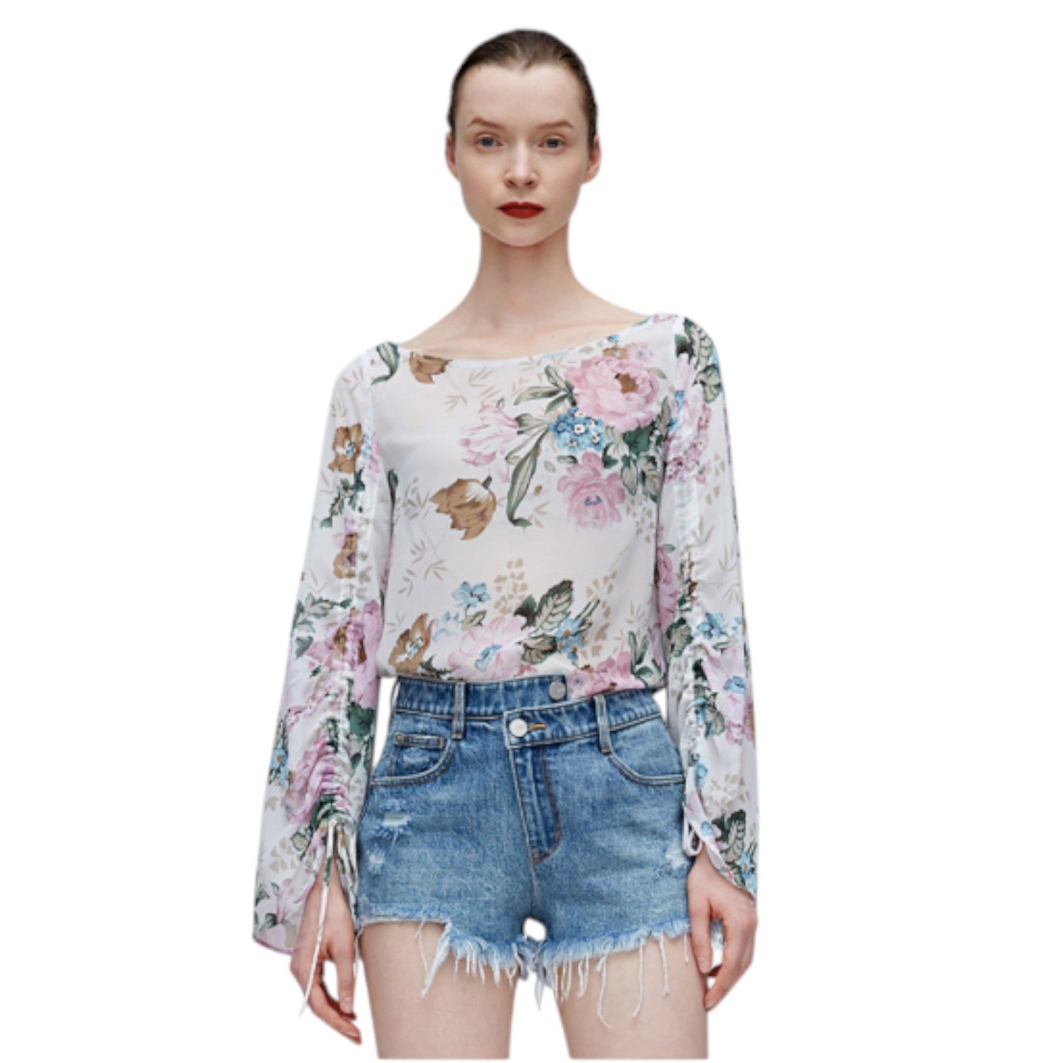 Miss Sixty Cream Chiffon Floral Long Sleeve Top UK 8
