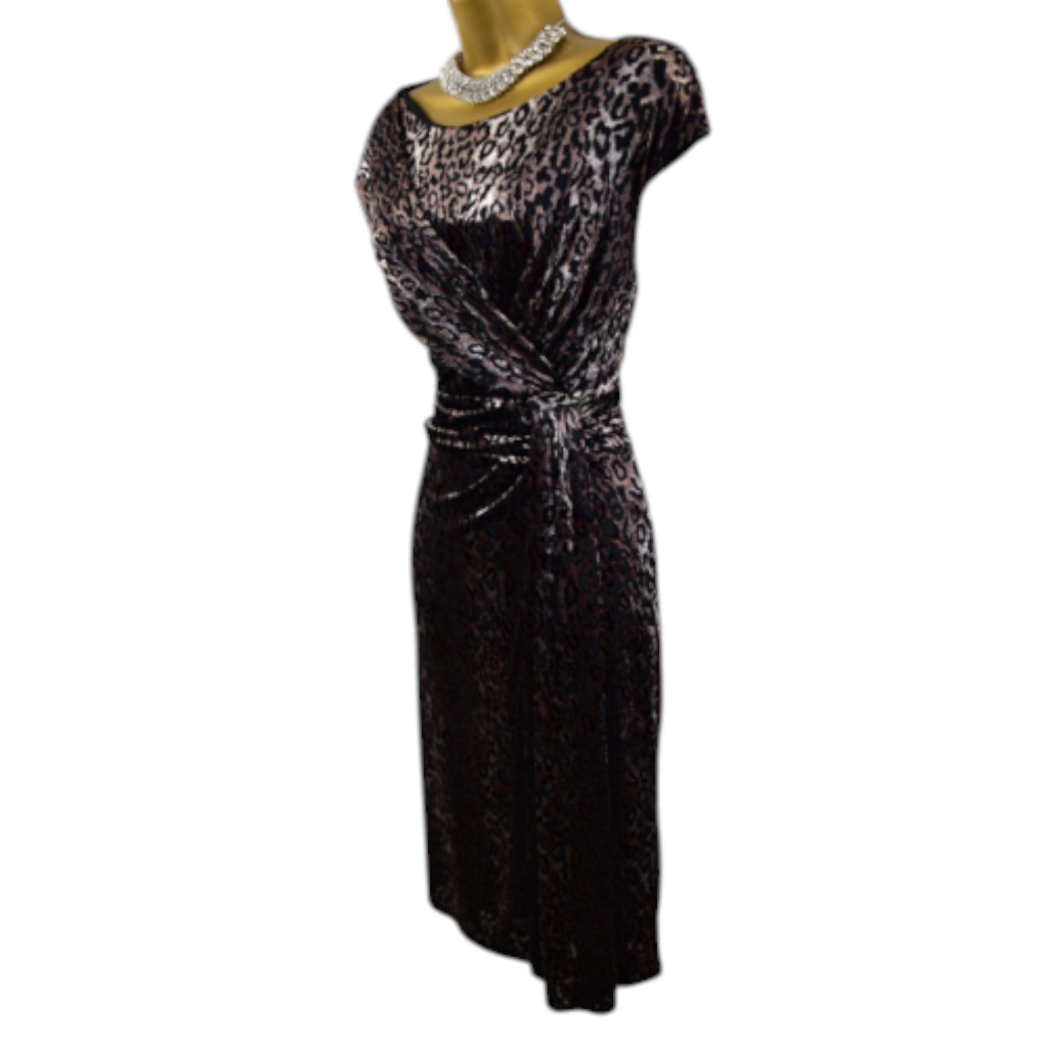 Per Una Animal Print Gold Black Velvet Midi Faux Wrap Dress UK 12