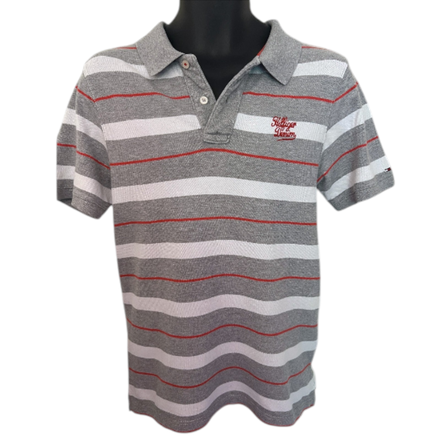 Tommy Hilfiger Grey White Red Striped Cotton Polo Shirt Size L