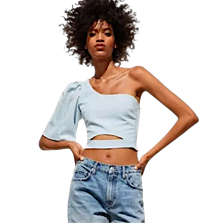 Zara Light Blue One Sleeve Linen Mix Cropped Top UK 12