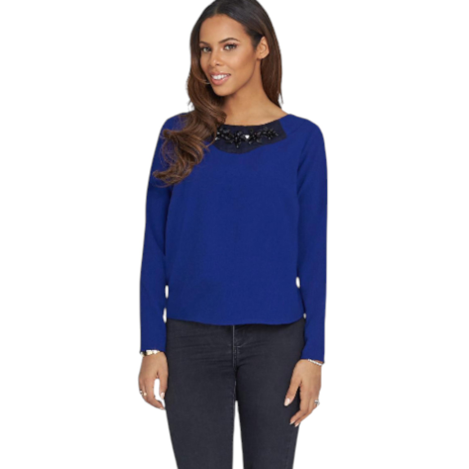 Rochelle Humes Blue Crepe Black Beaded Top UK 8