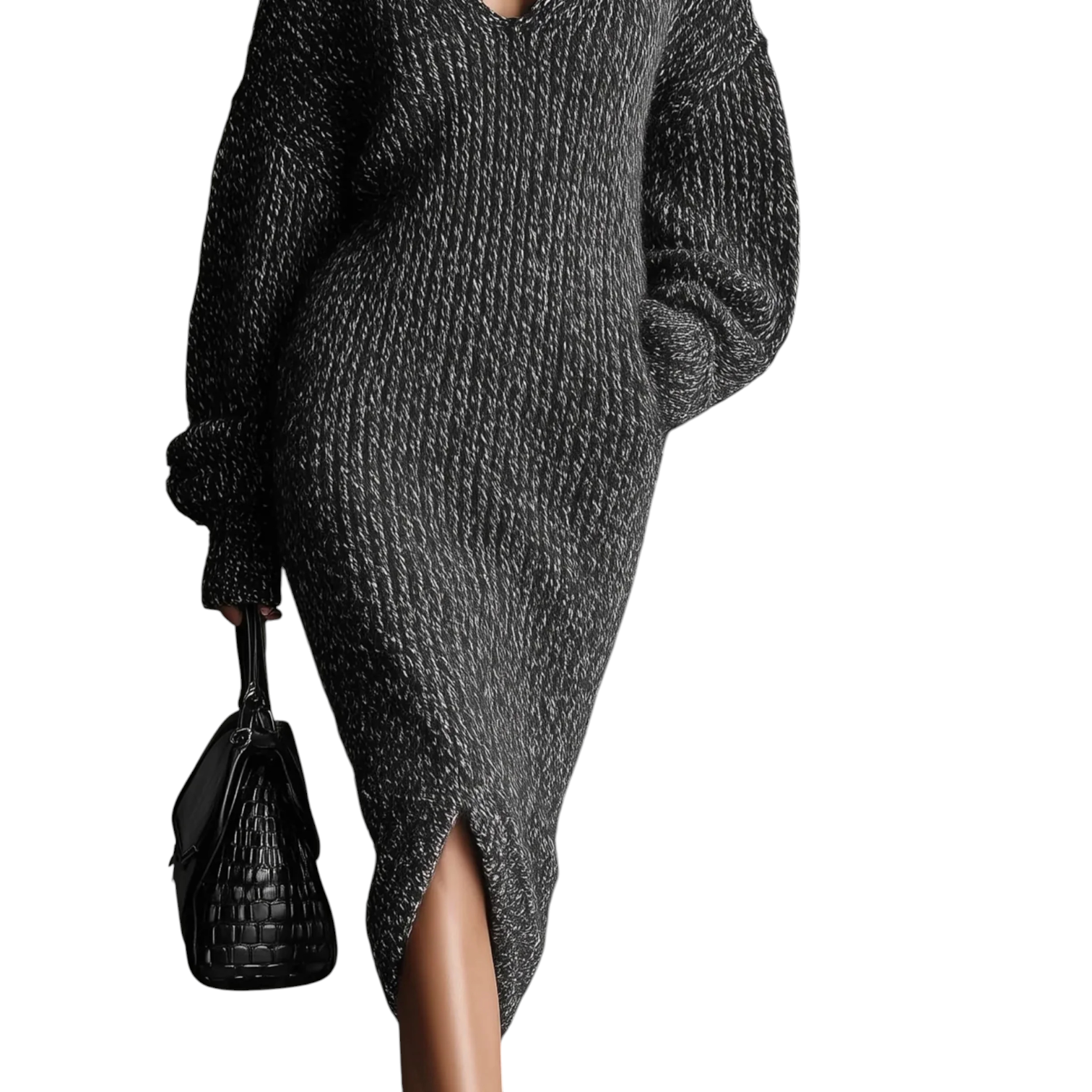 Stylewe Urban Plain V Neck Grey Midi Slouchy Jumper Dress Size M