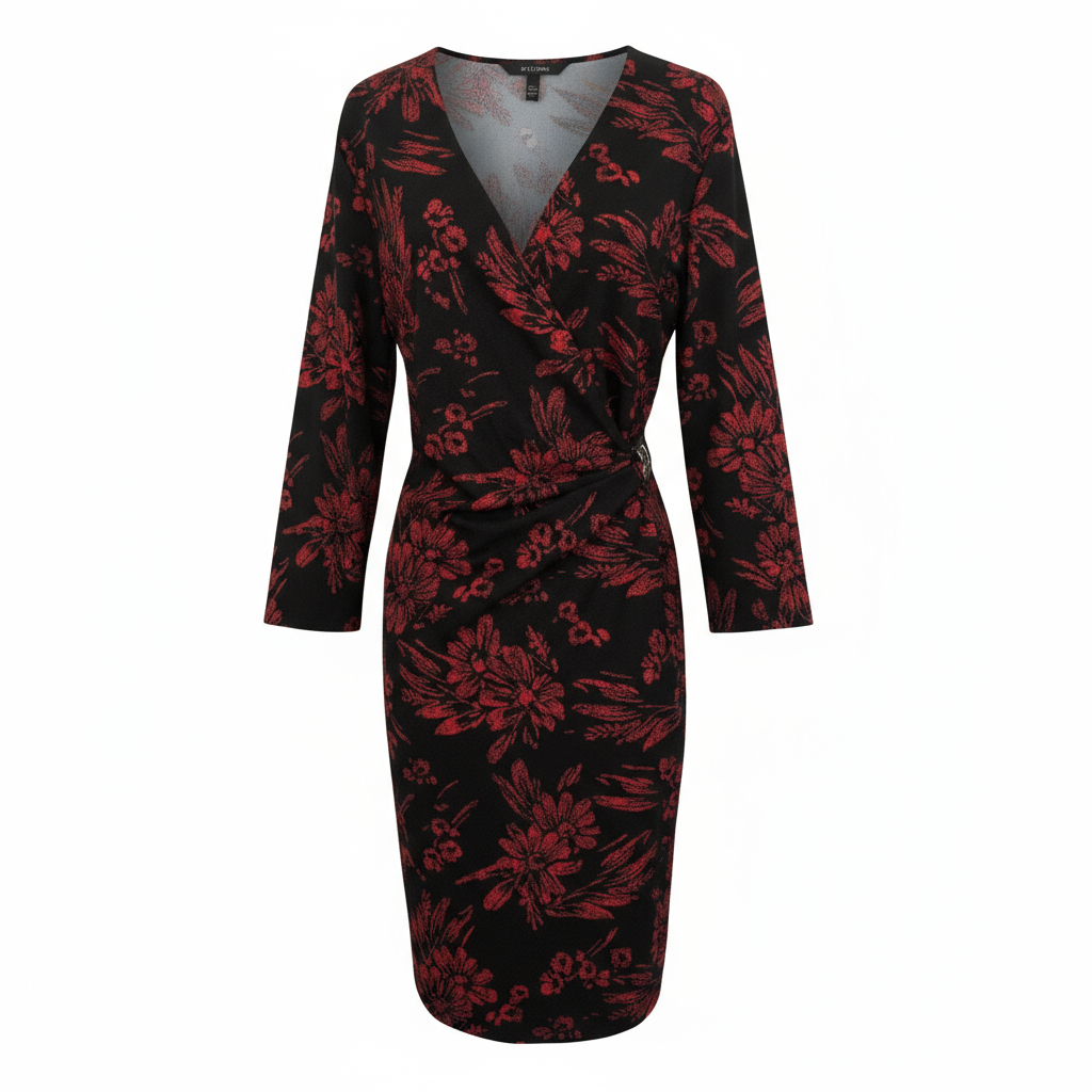 Anne Klein Red Black Floral Long Sleeve Faux Wrap Dress UK 18