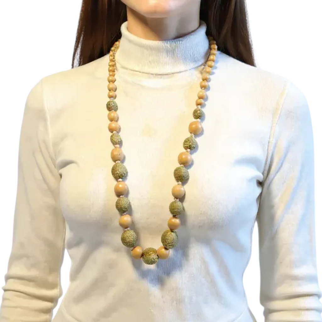 Retro Vintage Wooden Bead Organza Tie Long Boho Necklace