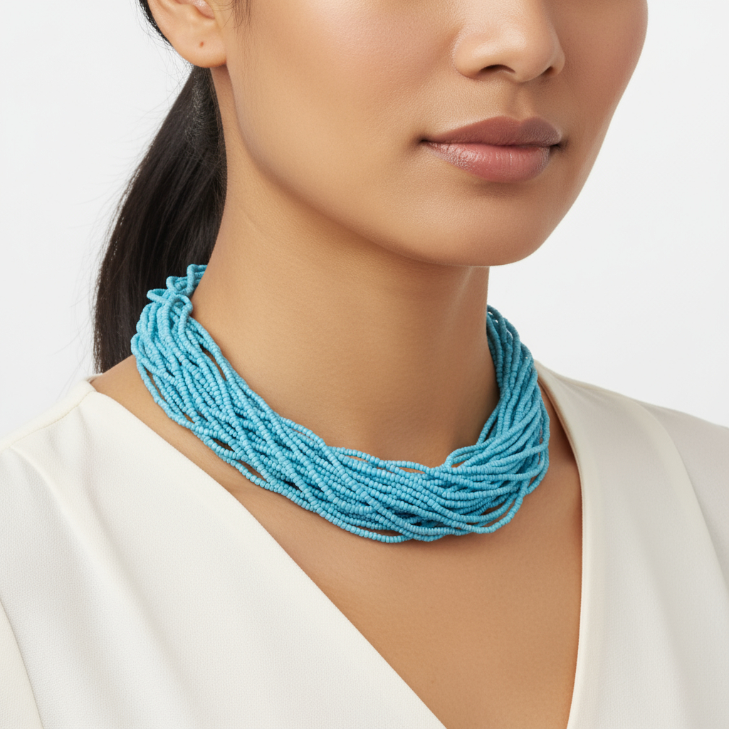 Vintage Sky Blue Seed Bead Multi Strand Necklace