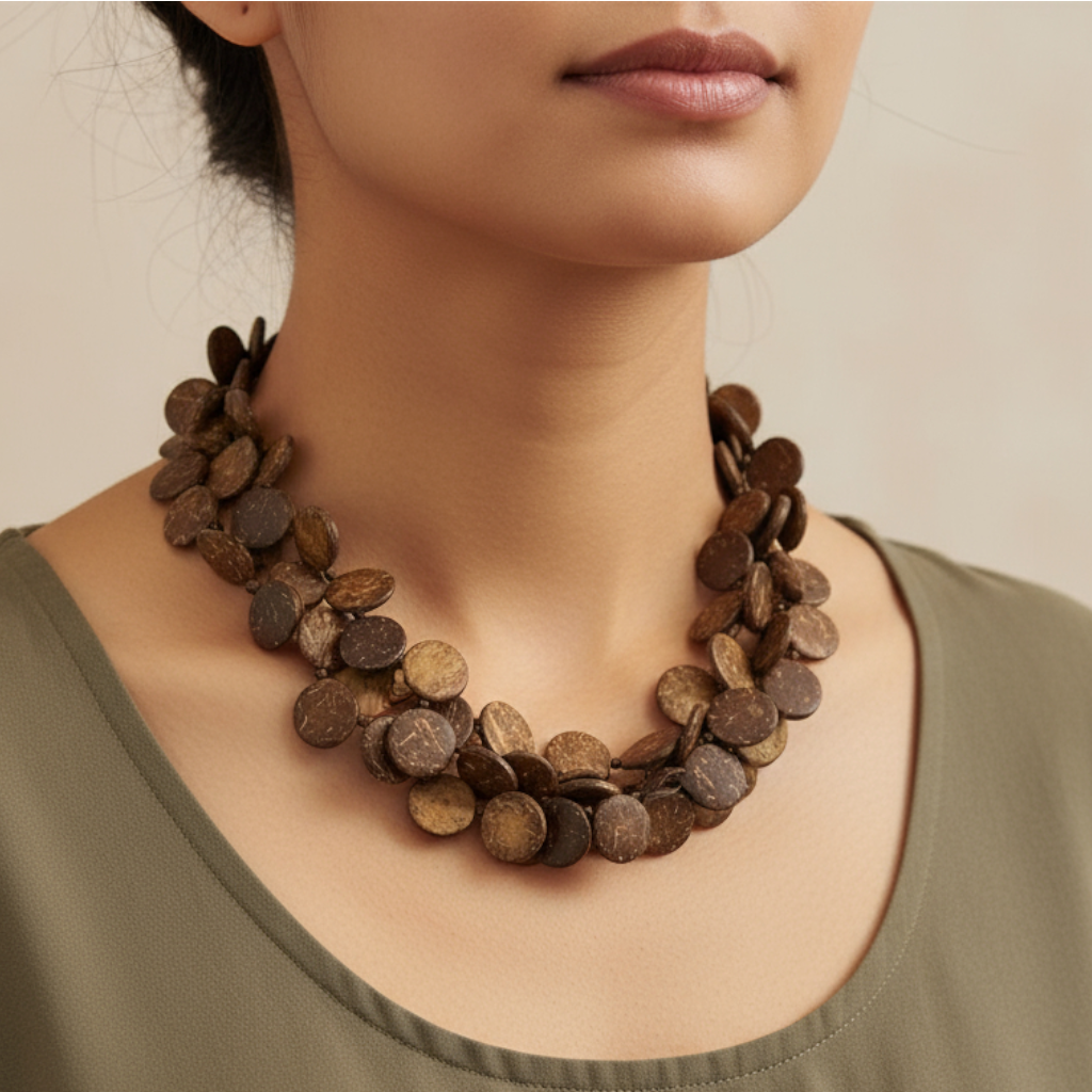 Handmade Triple Strand Brown Plant Bead Necklace