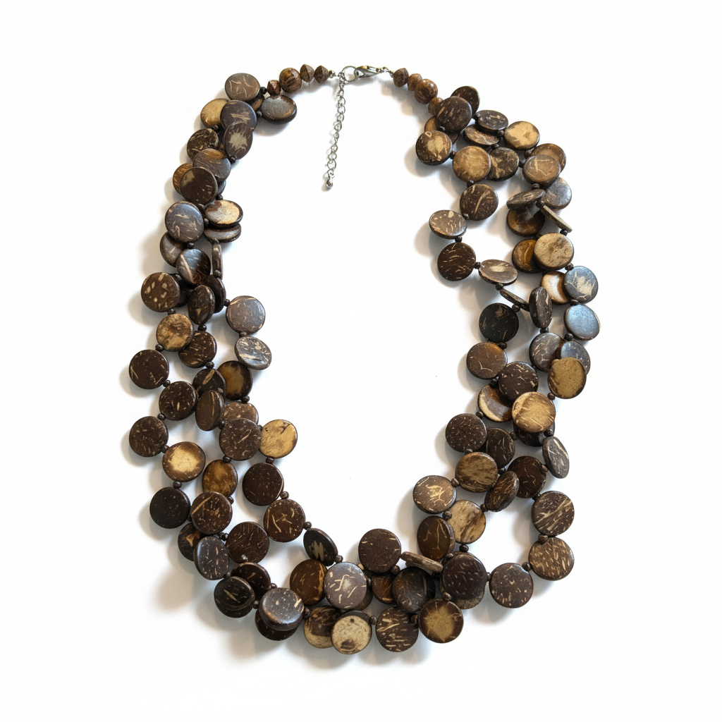 Handmade Triple Strand Brown Plant Bead Necklace