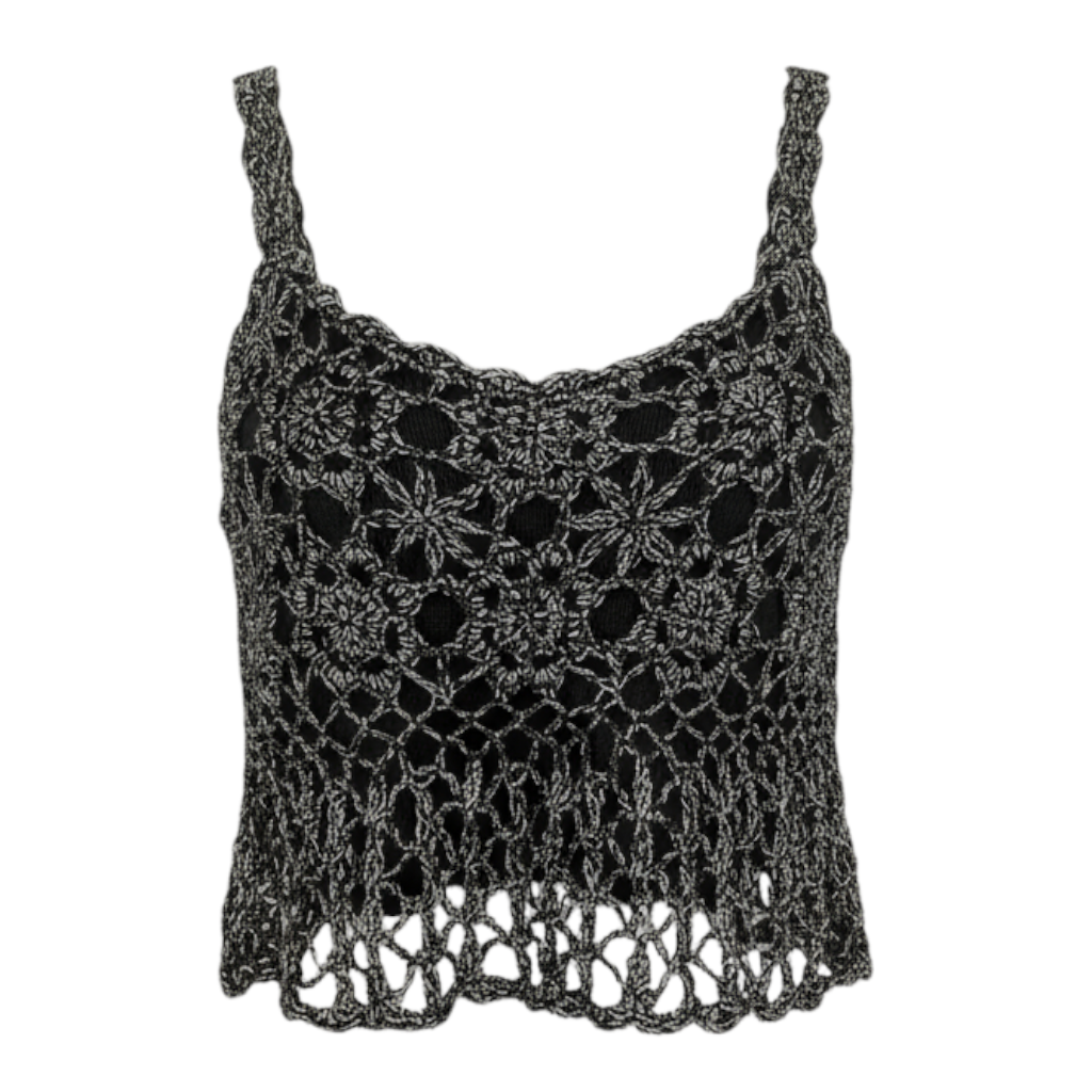 Carling Vintage 1990's Black & Silver Grey Crochet Crop Top UK 10