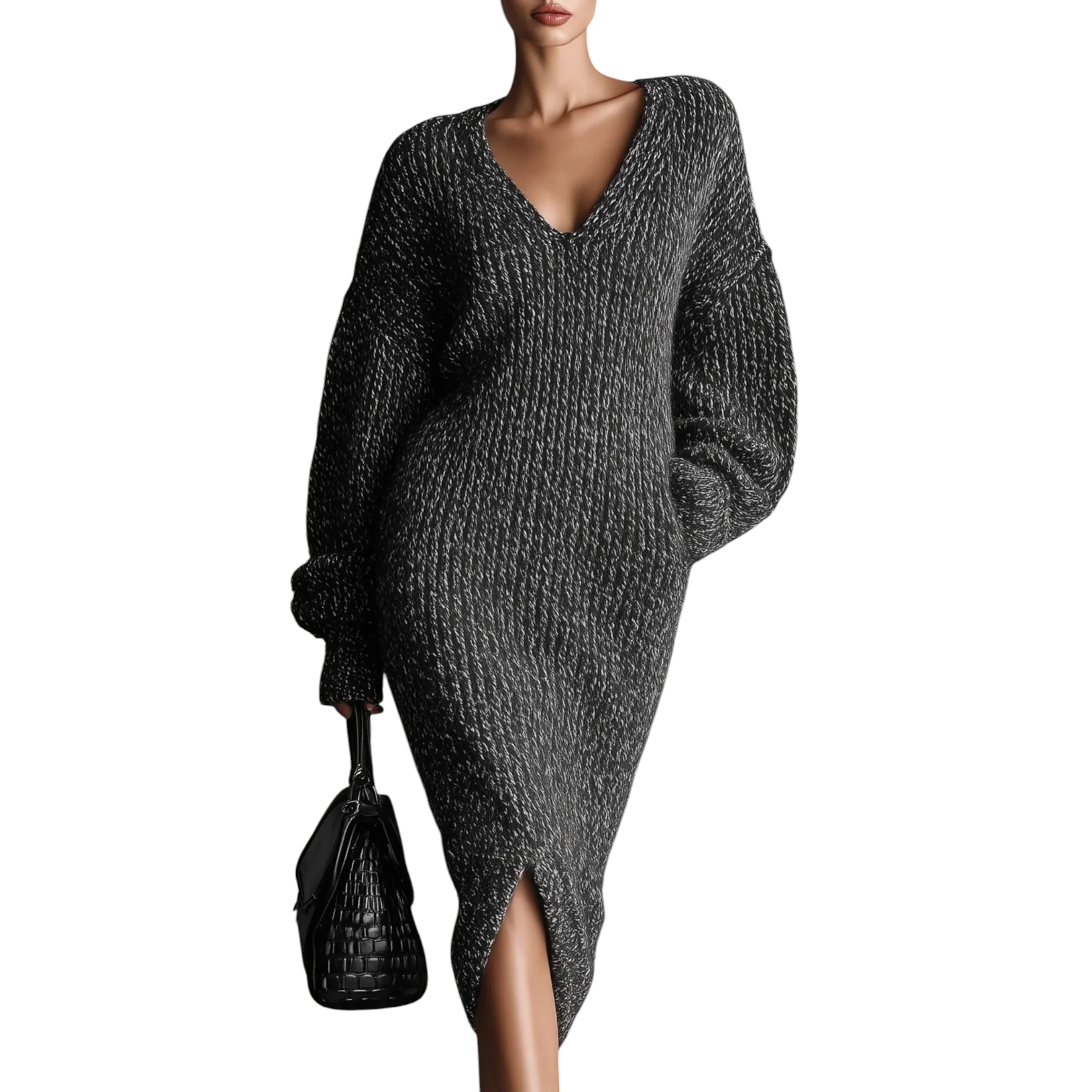 Stylewe Urban Plain V Neck Grey Midi Slouchy Jumper Dress Size M