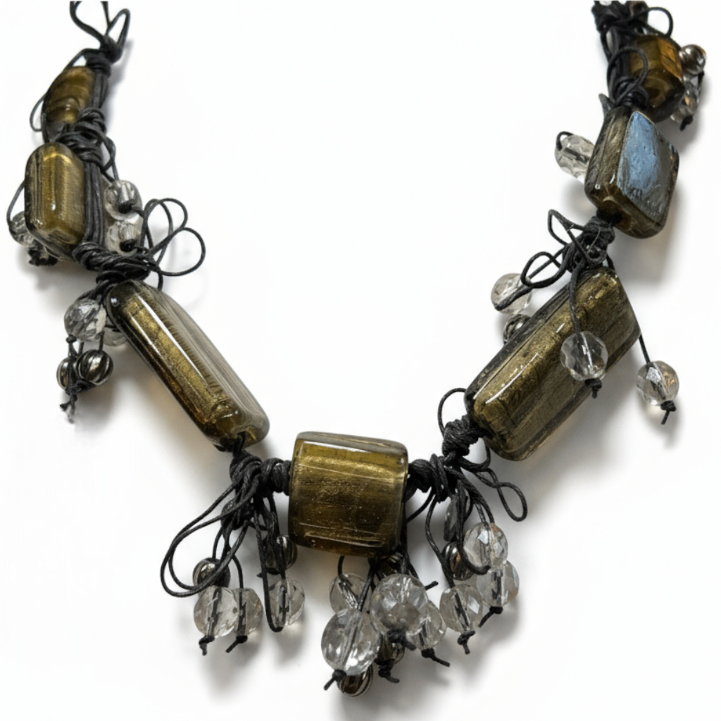 Vintage Eclectic Tassel Necklace: Green & Bronze Mixed Beads