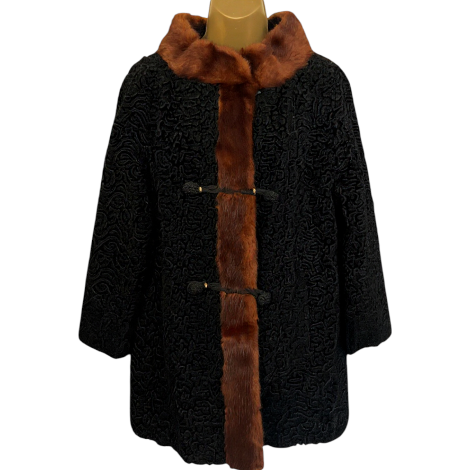 Astra Furs Paris Vintage 50/60s Black Persian Astrakhan Mink Fur Collar Coat