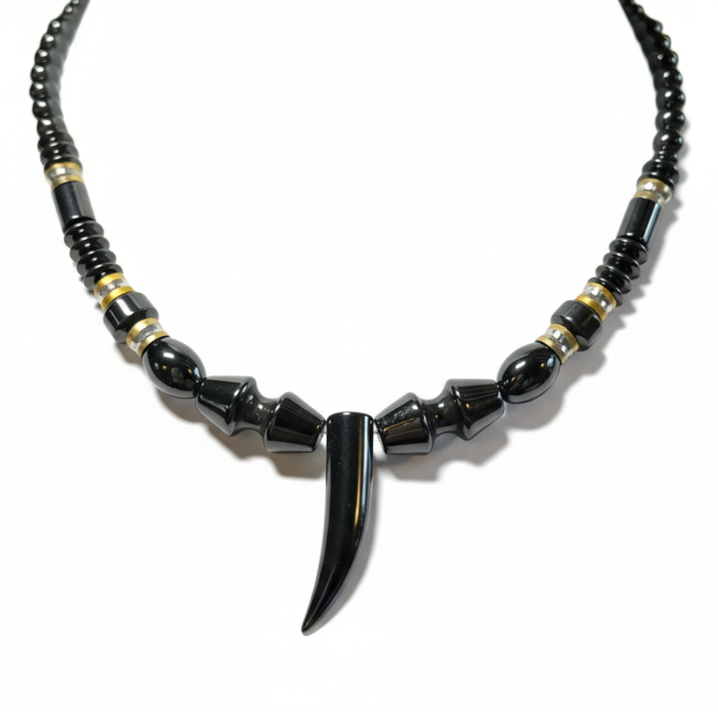 Mens Hematite Necklace with Hematite Fang Pendant
